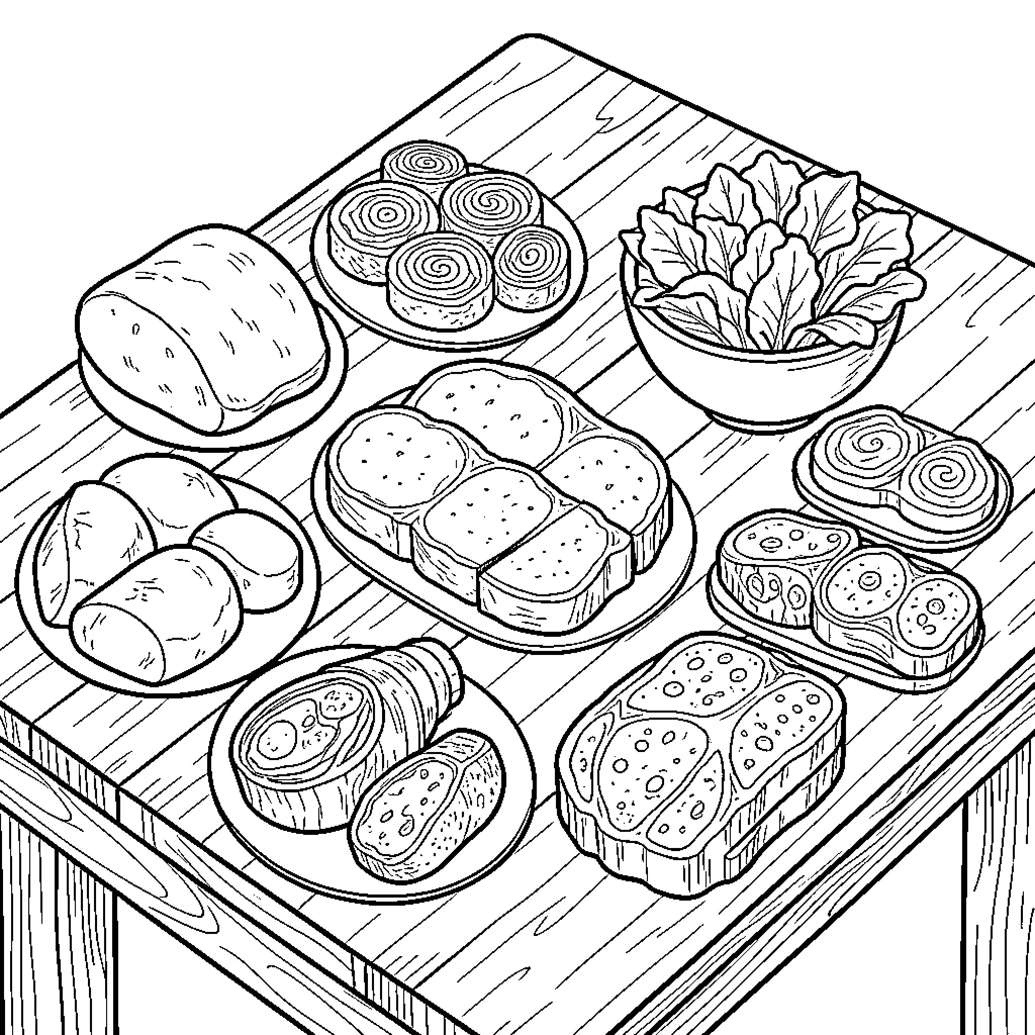 Meat and assorted breads arranged on a wooden table Coloring Page (free black-and-white line drawing printable PDF for all, from beginners to advanced learners, including children, teens, adults, and seniors)