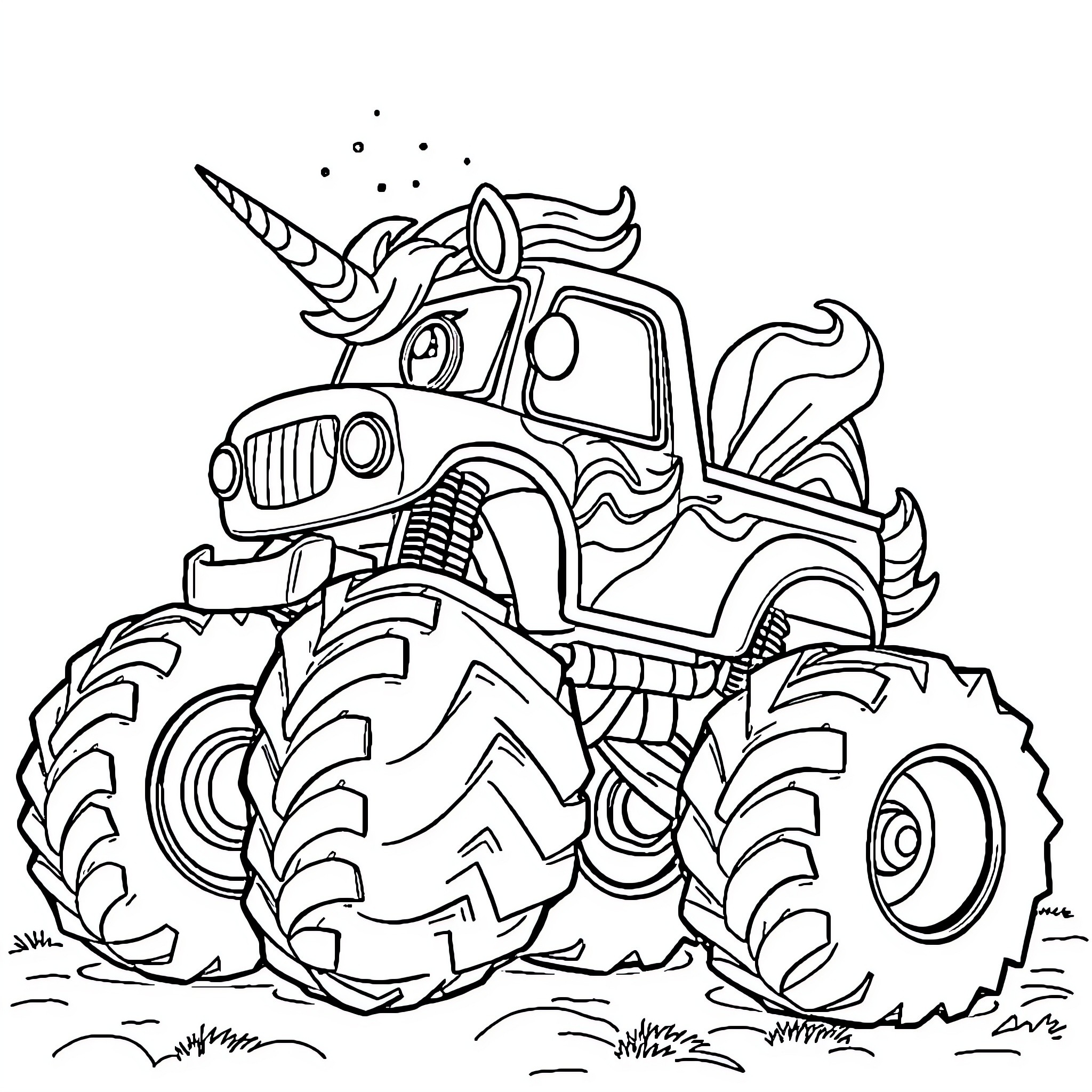 Unicorn Monster Truck Driving Through the Wilderness Coloring Page (free black-and-white line drawing printable PDF for all, from beginners to advanced learners, including children, teens, adults, and seniors)