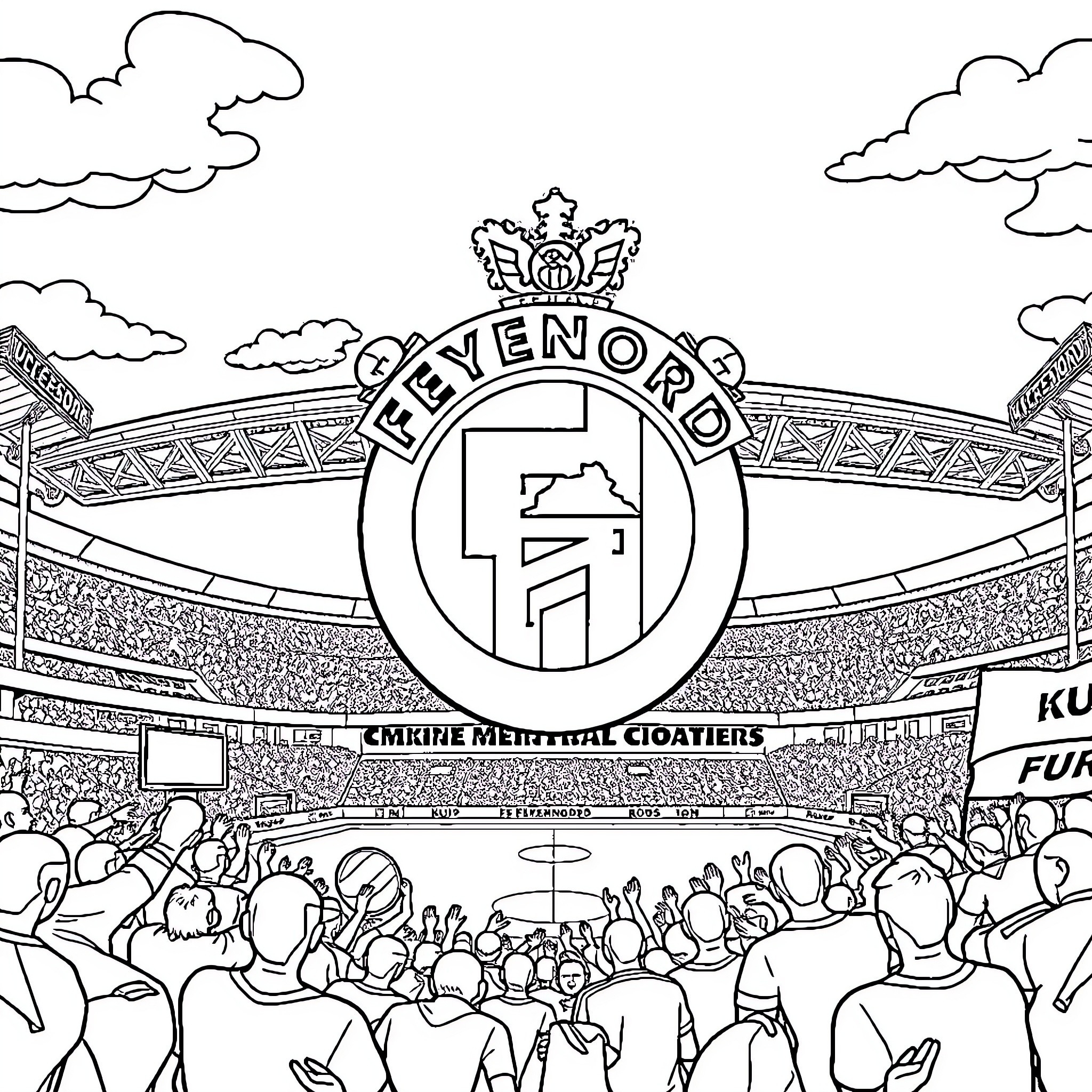 Feyenoord fans cheering in the stadium Coloring Page (free black-and-white line drawing printable PDF for all, from beginners to advanced learners, including children, teens, adults, and seniors)