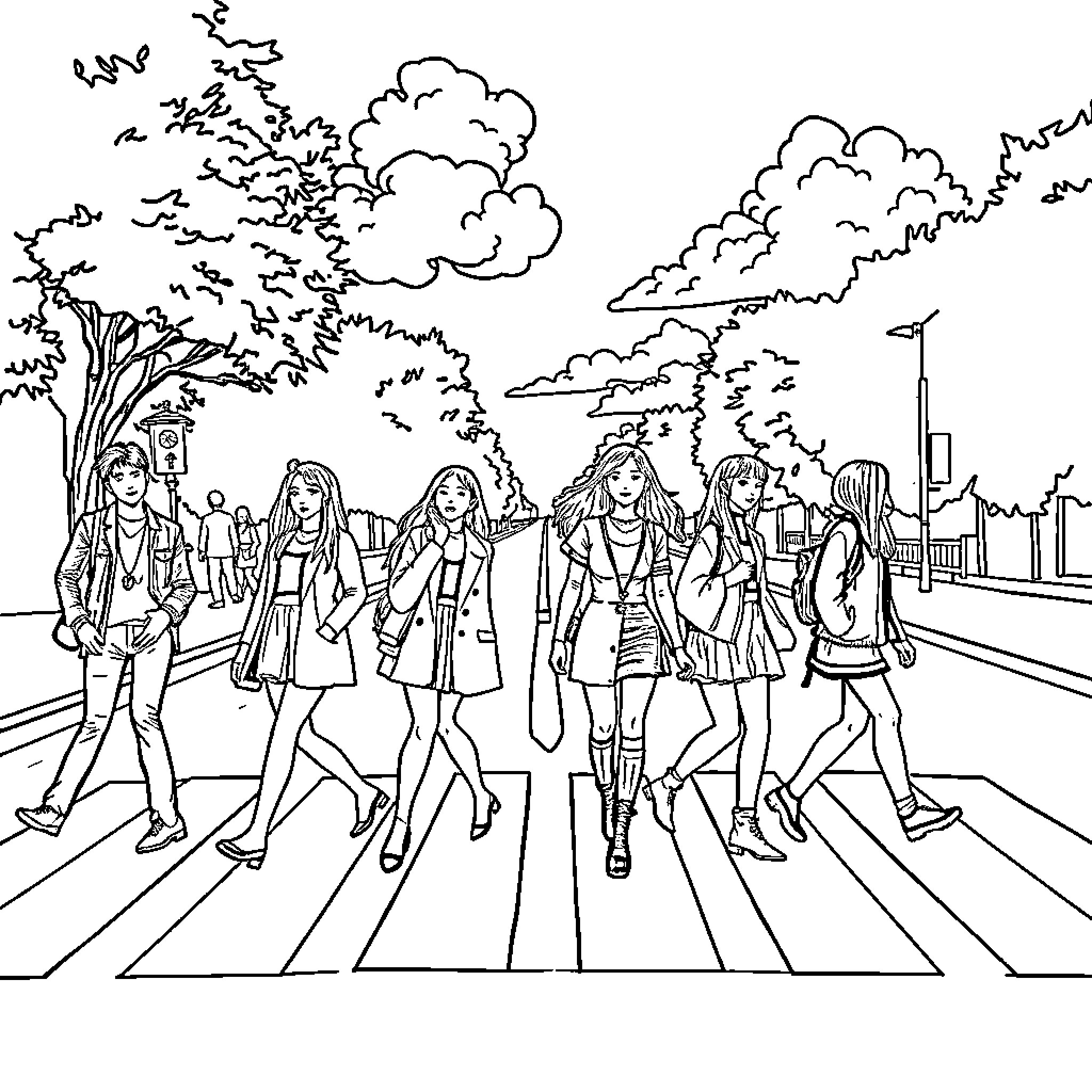 Blackpink Strutting Through the City Streets Coloring Page (free black-and-white line drawing printable PDF for all, from beginners to advanced learners, including children, teens, adults, and seniors)