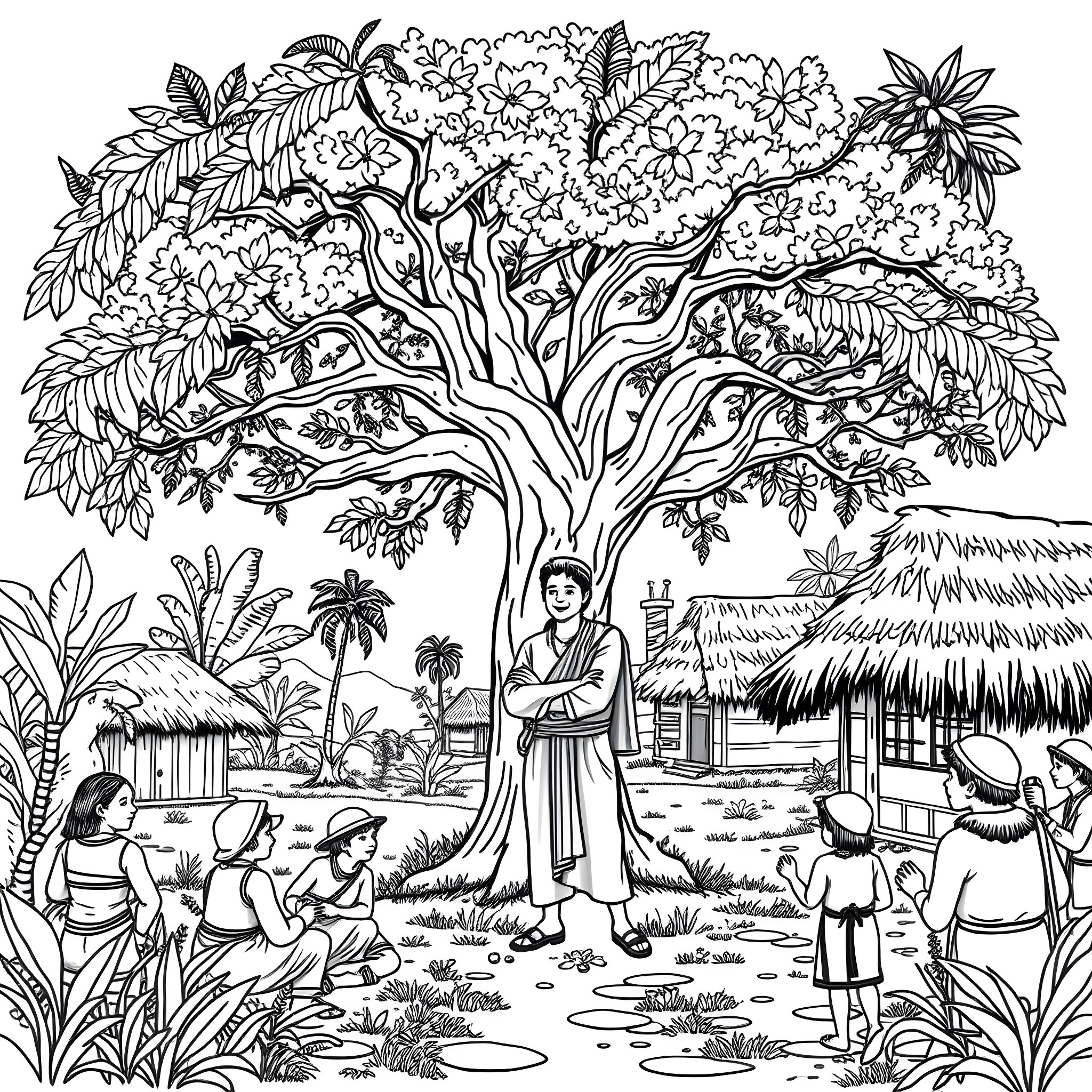 Missionary Spreading the Word Amidst Nature's Splendor Coloring Page (free black-and-white line drawing printable PDF for all, from beginners to advanced learners, including children, teens, adults, and seniors)