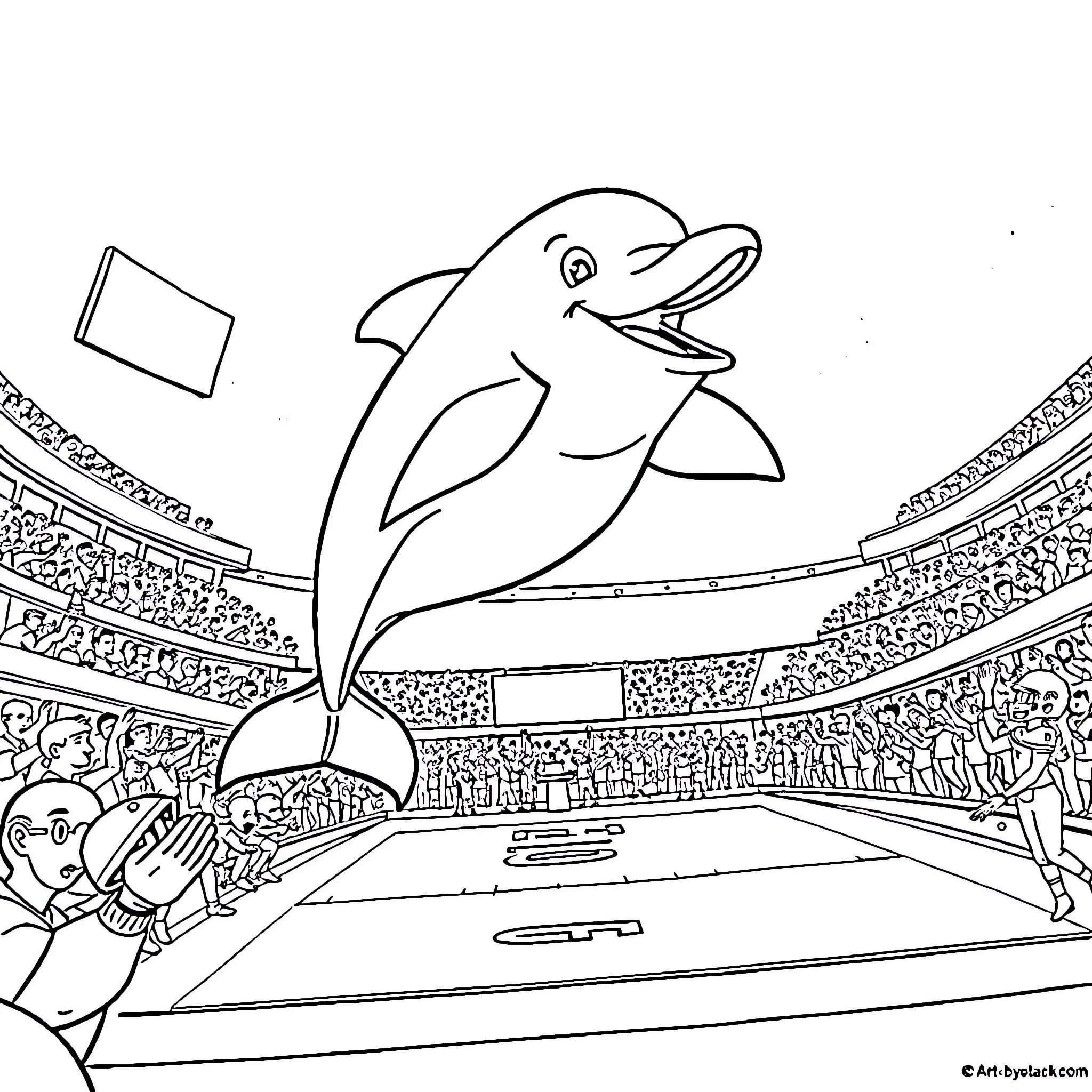 Dolphin performing acrobatics in a stadium Coloring Page (free black-and-white line drawing printable PDF for all, from beginners to advanced learners, including children, teens, adults, and seniors)