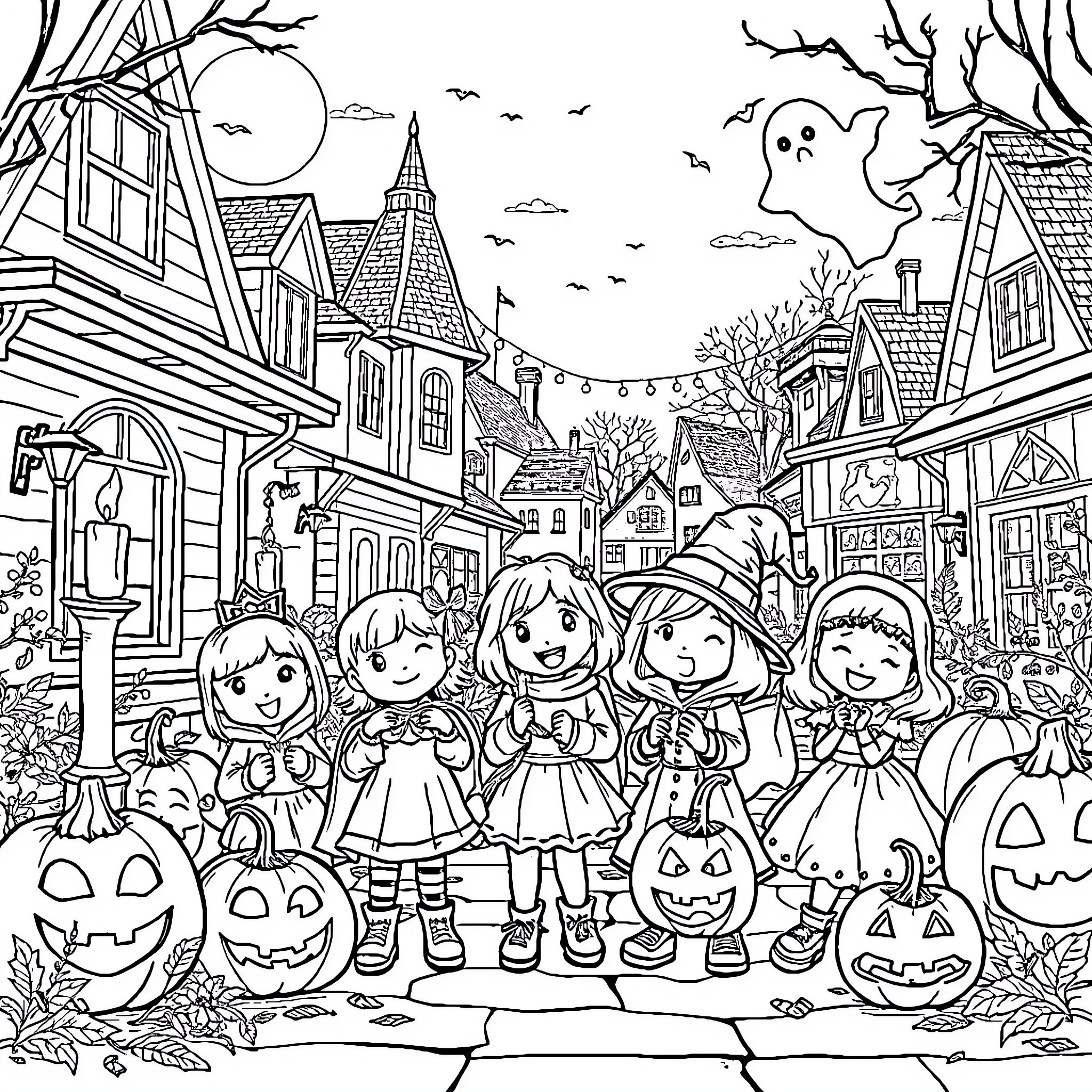 Kid friends trick-or-treating in spooky town Coloring Page (free black-and-white line drawing printable PDF for all, from beginners to advanced learners, including children, teens, adults, and seniors)