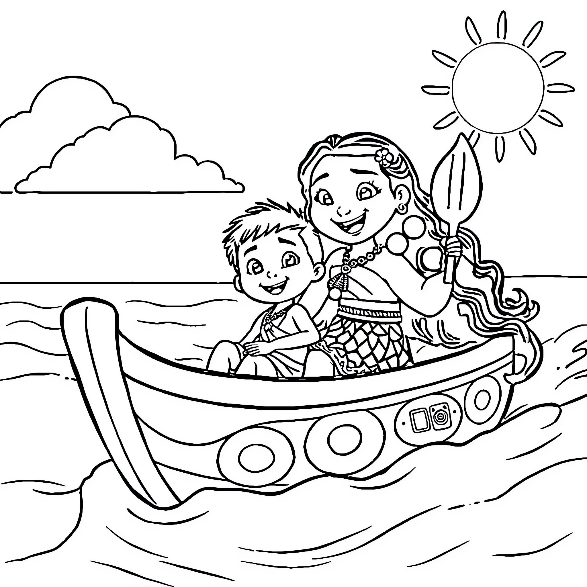 Luca and friend enjoying a boat ride Coloring Page (free black-and-white line drawing printable PDF for all, from beginners to advanced learners, including children, teens, adults, and seniors)