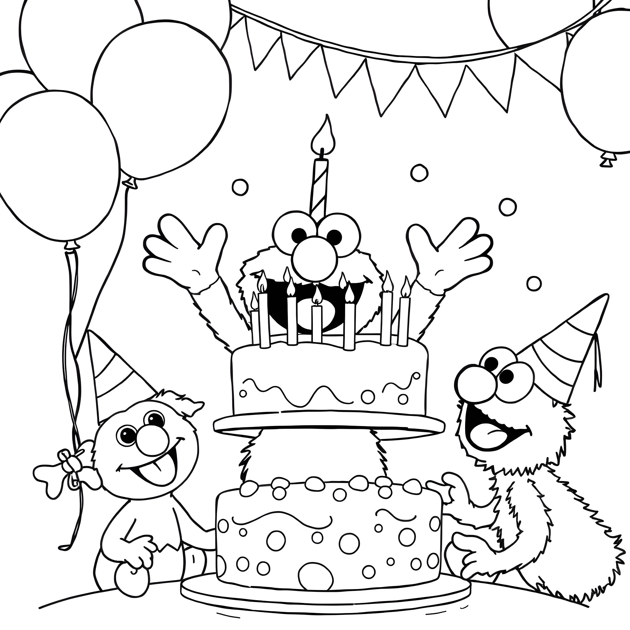 Elmo's Birthday Celebration with Cake and Balloons Coloring Page (free black-and-white line drawing printable PDF for all, from beginners to advanced learners, including children, teens, adults, and seniors)