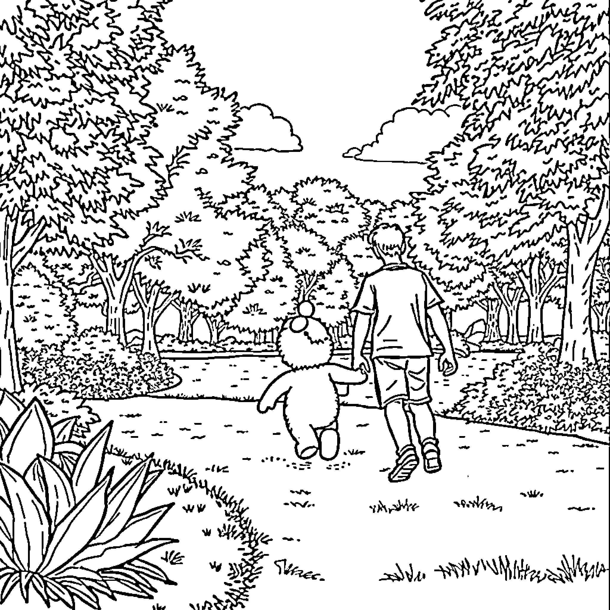 Boy exploring nature with a teddy bear Coloring Page (free black-and-white line drawing printable PDF for all, from beginners to advanced learners, including children, teens, adults, and seniors)