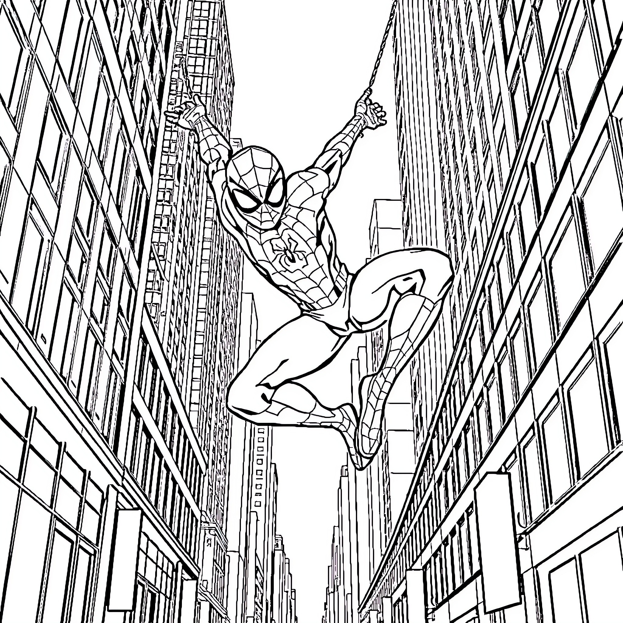 Spiderman swinging through the city streets Coloring Page (free black-and-white line drawing printable PDF for all, from beginners to advanced learners, including children, teens, adults, and seniors)