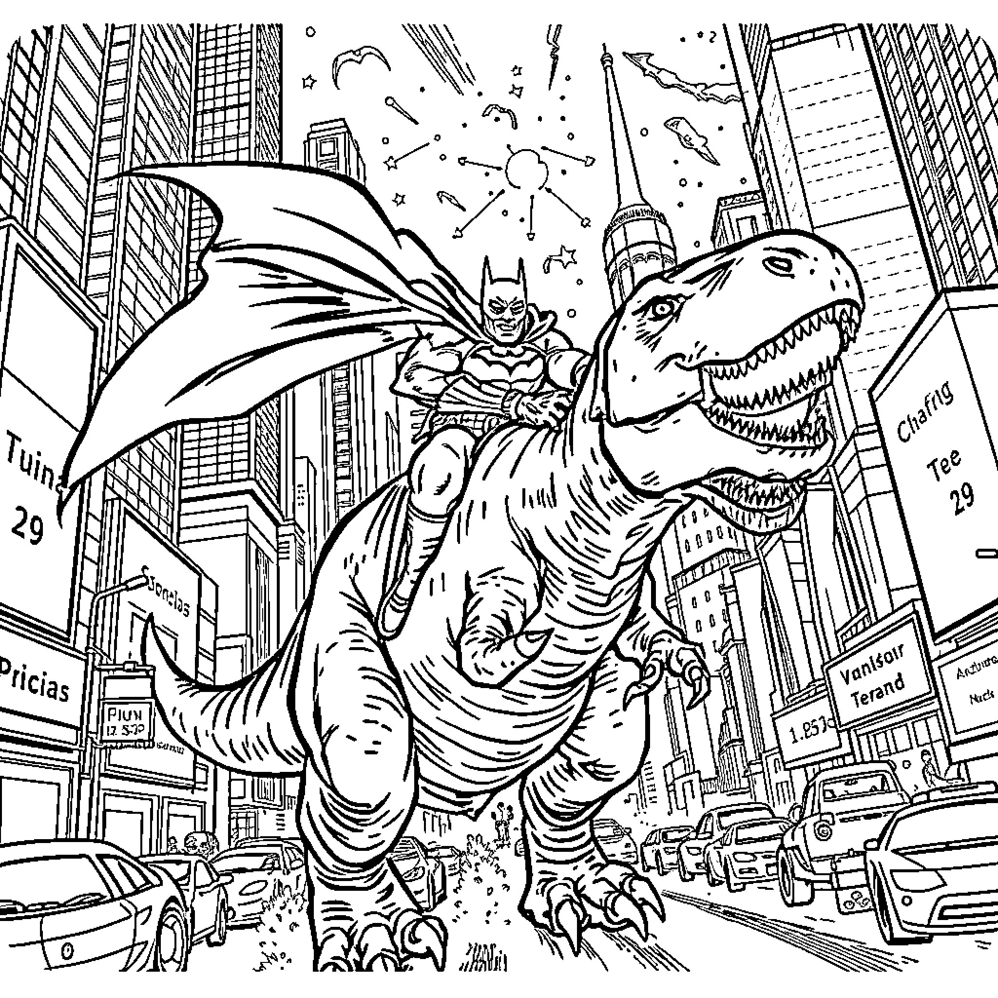 Batman rides a ferocious dinosaur in the city Coloring Page (free black-and-white line drawing printable PDF for all, from beginners to advanced learners, including children, teens, adults, and seniors)