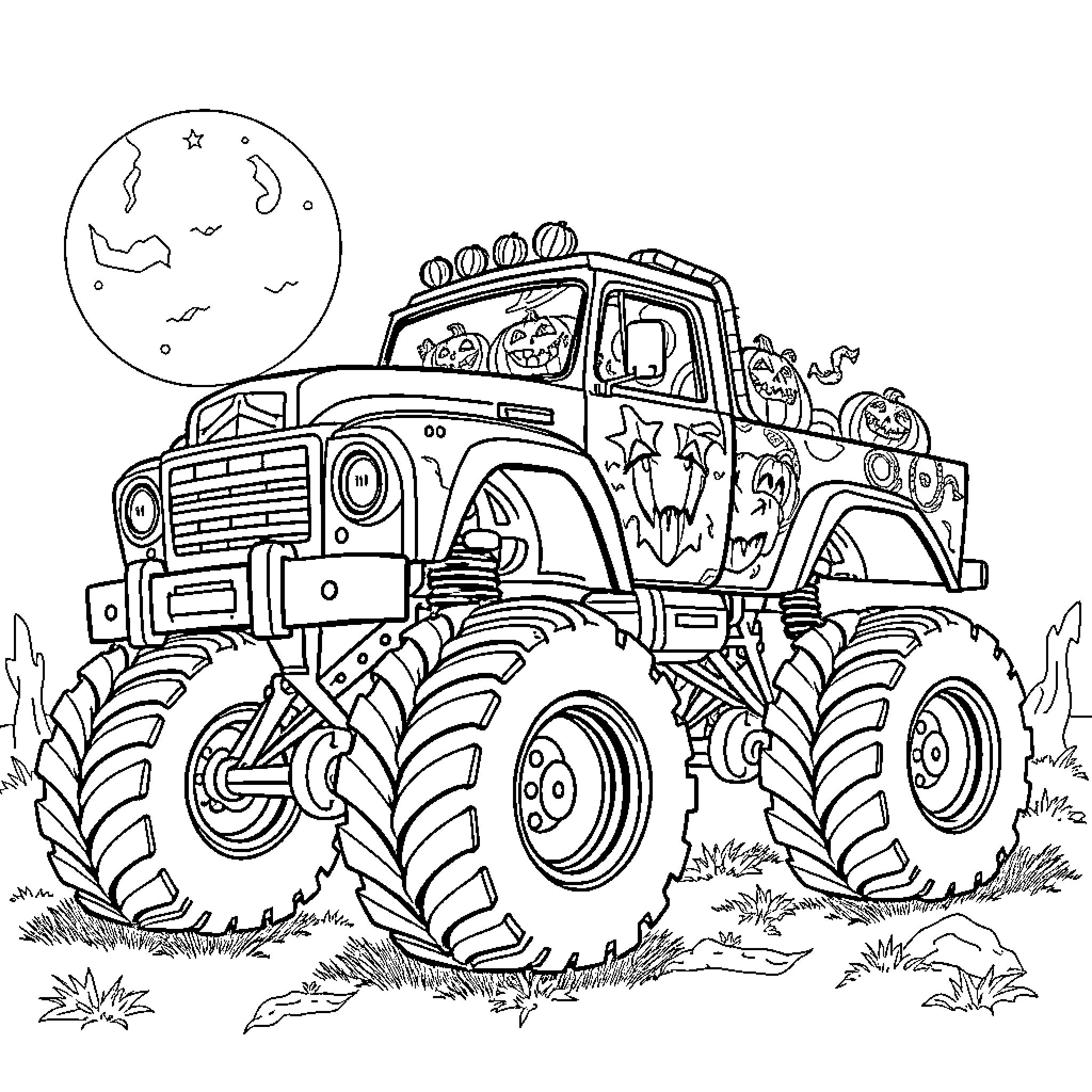 Monster Truck Halloween-Themed Adventure Coloring Page (free black-and-white line drawing printable PDF for all, from beginners to advanced learners, including children, teens, adults, and seniors)