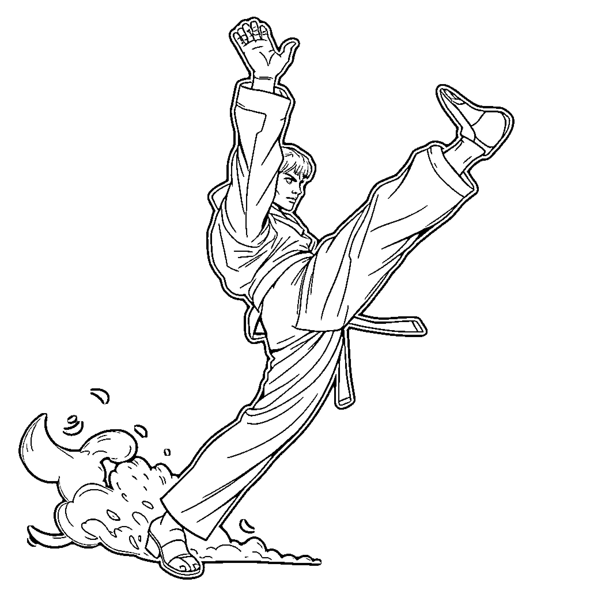 Taekwondo Superhero Performs Powerful Kicking Technique Coloring Page (free black-and-white line drawing printable PDF for all, from beginners to advanced learners, including children, teens, adults, and seniors)