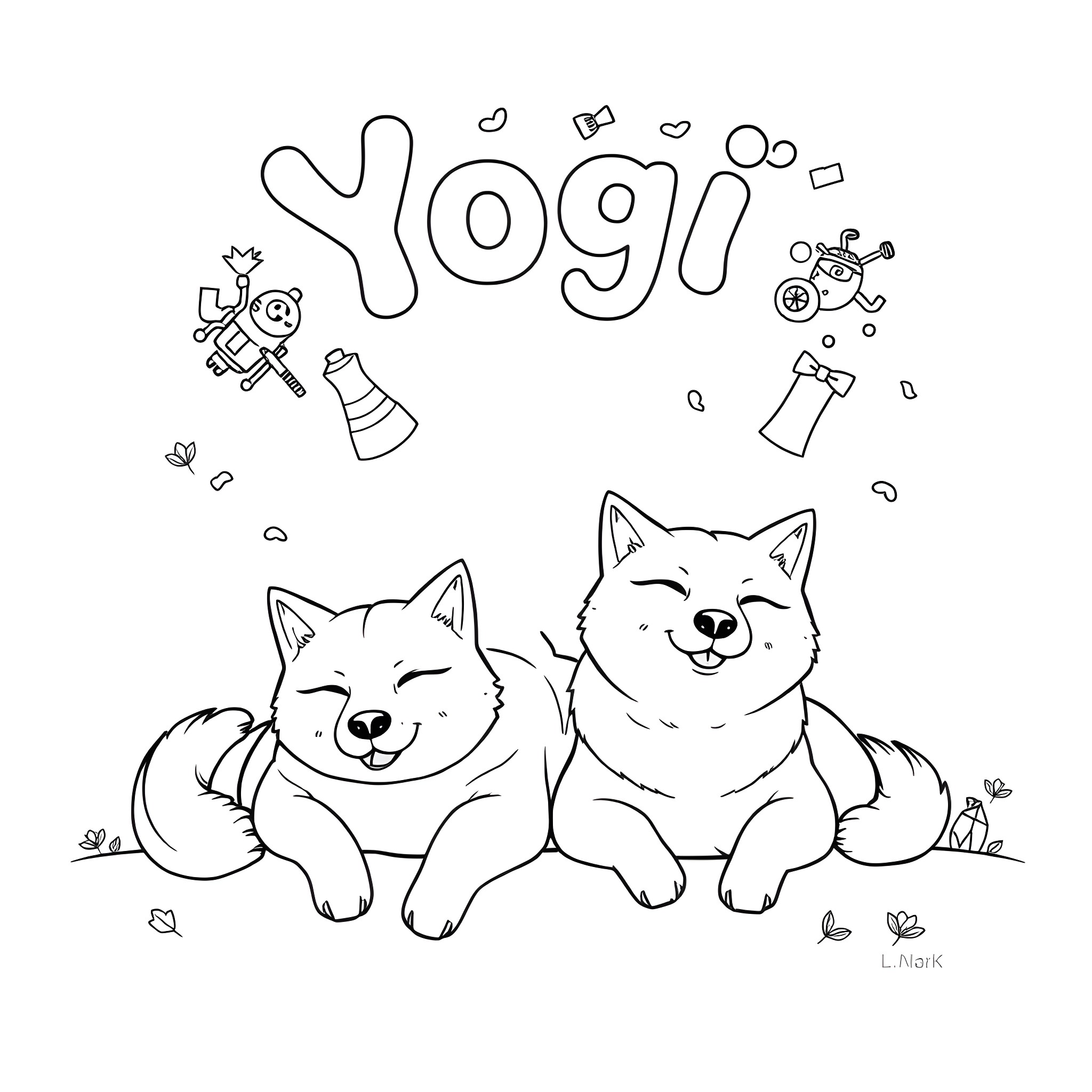 Shiba Inu dogs playing happily with toys Coloring Page (free black-and-white line drawing printable PDF for all, from beginners to advanced learners, including children, teens, adults, and seniors)