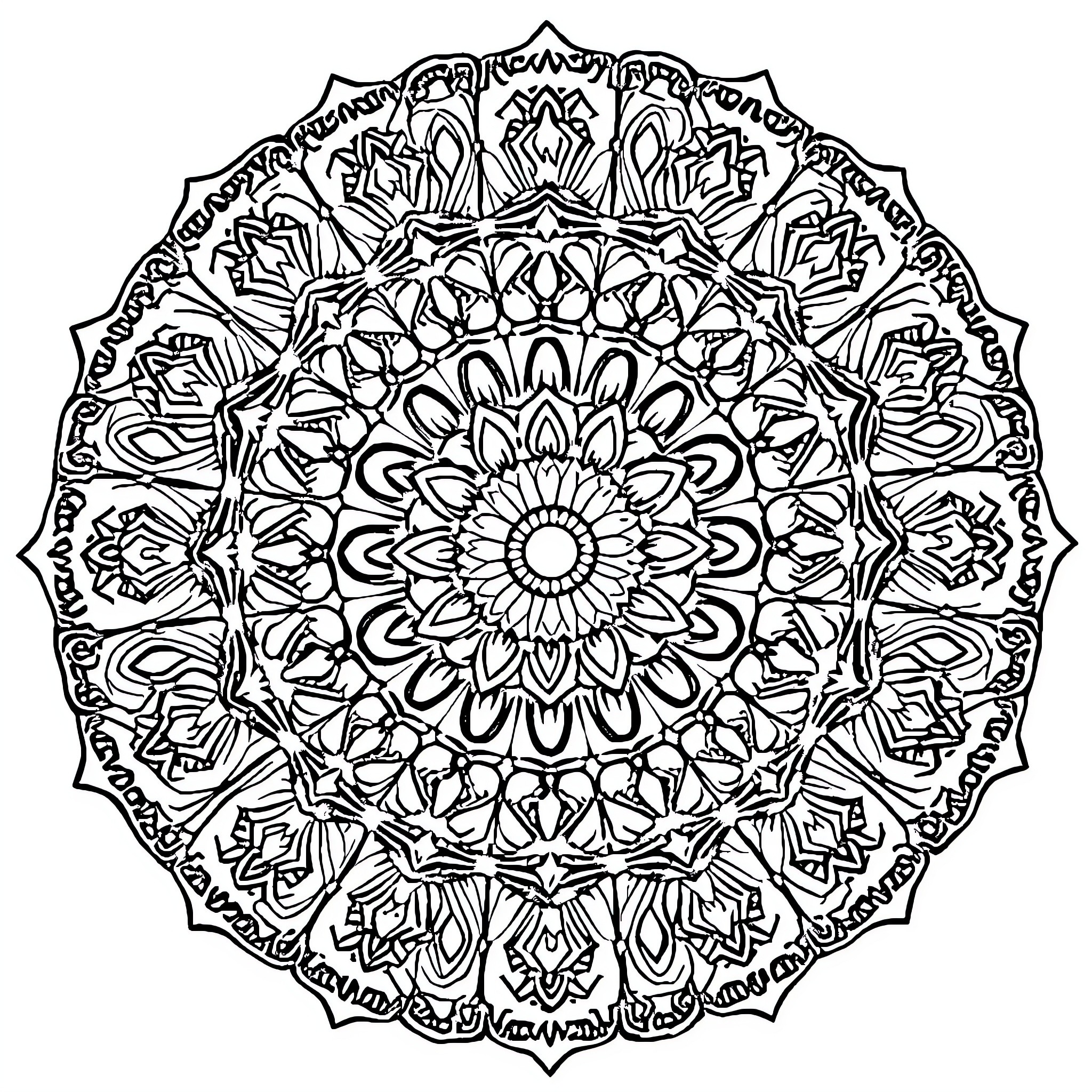 Mandala of intricate floral patterns and symmetry Coloring Page (free black-and-white line drawing printable PDF for all, from beginners to advanced learners, including children, teens, adults, and seniors)