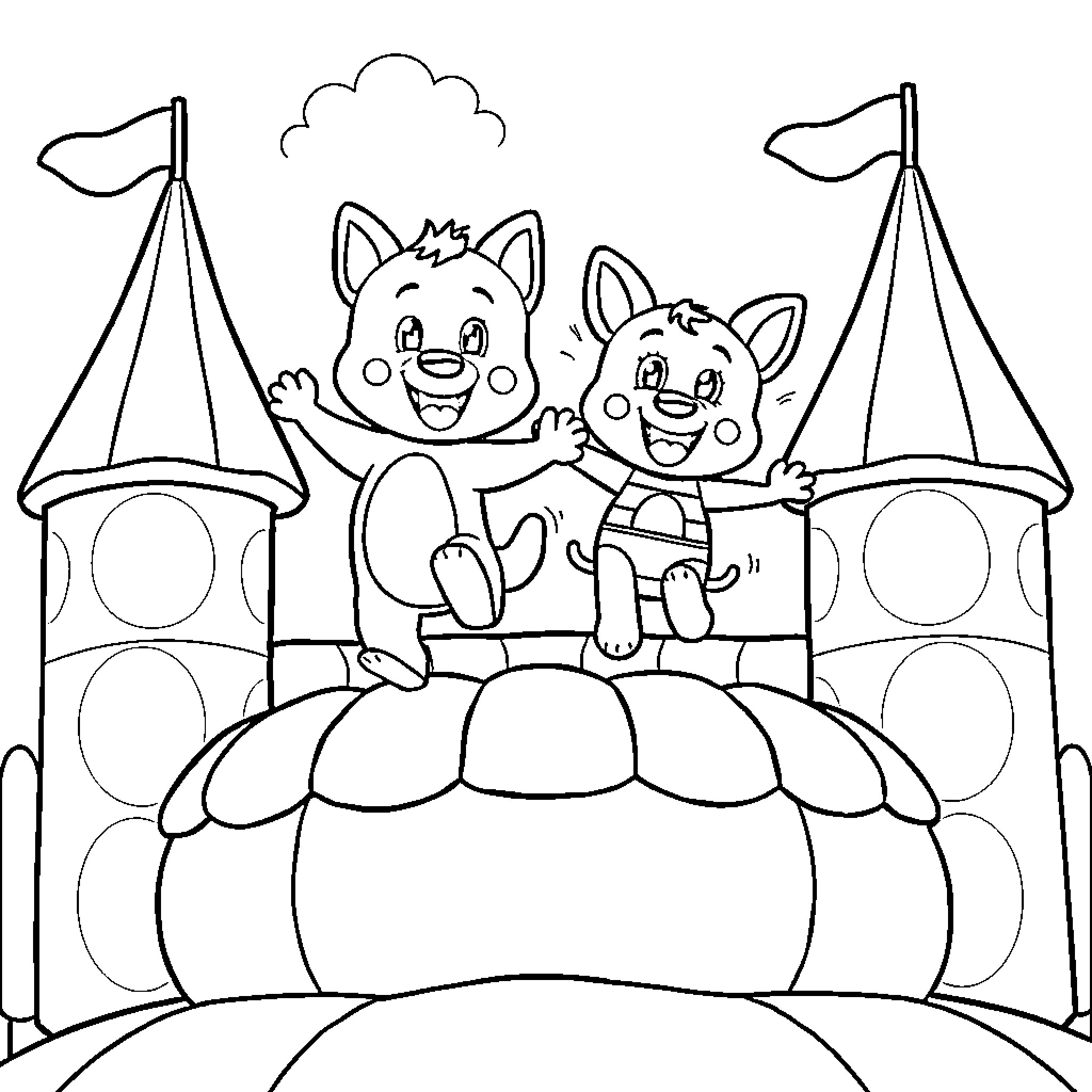 Bluey and friends playing at the castle Coloring Page (free black-and-white line drawing printable PDF for all, from beginners to advanced learners, including children, teens, adults, and seniors)