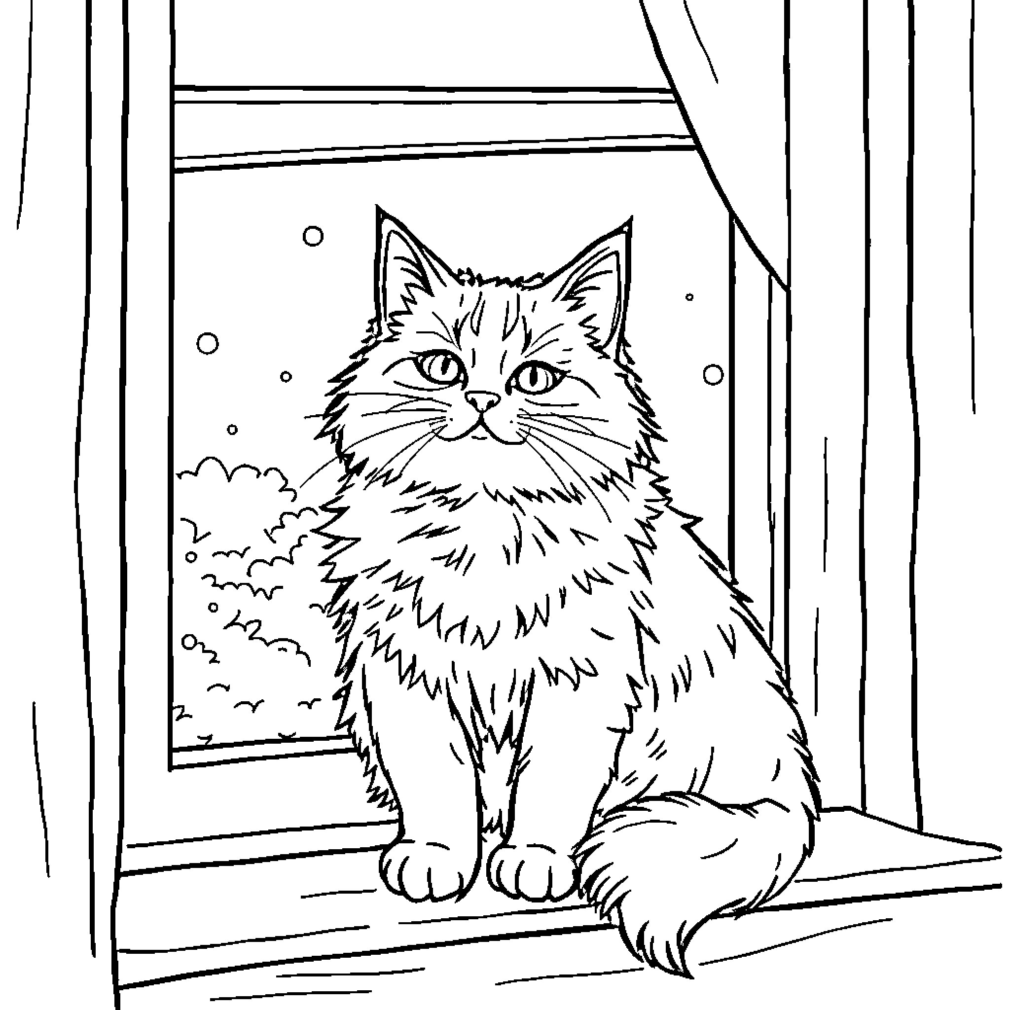 Cat sitting calmly by the window Coloring Page (free black-and-white line drawing printable PDF for all, from beginners to advanced learners, including children, teens, adults, and seniors)