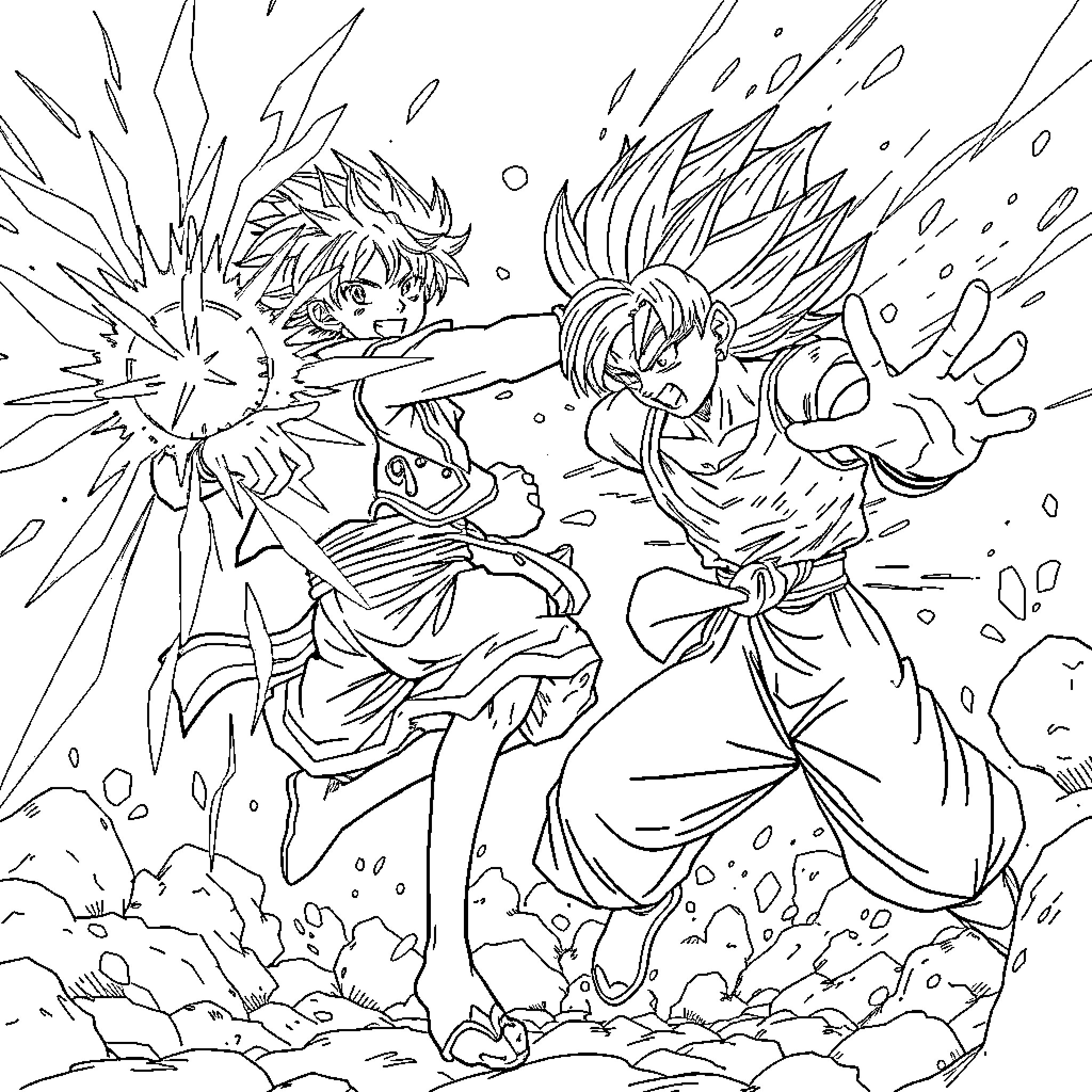 Luffy's Intense Battle with Powerful Opponents Coloring Page (free black-and-white line drawing printable PDF for all, from beginners to advanced learners, including children, teens, adults, and seniors)