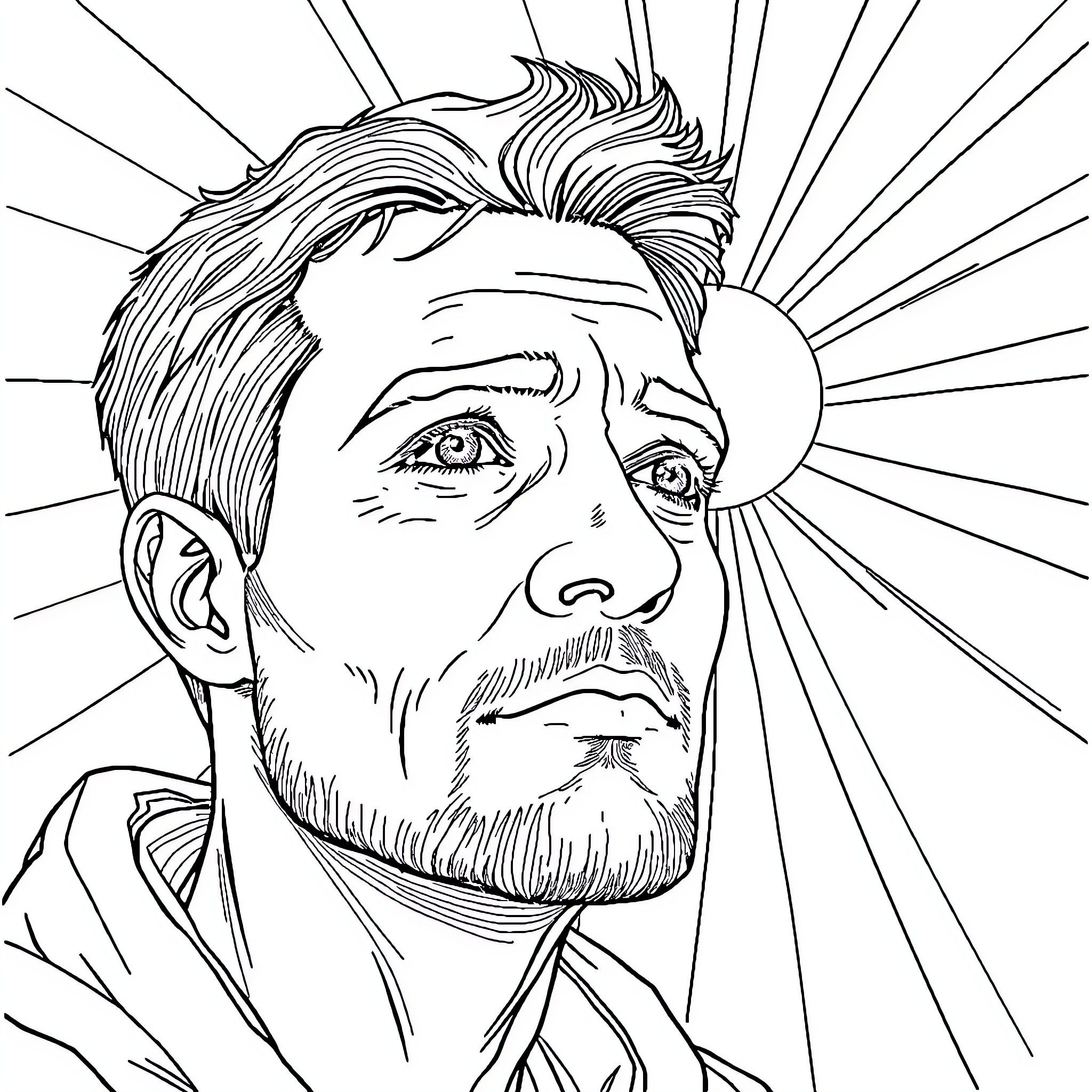 Man's Pensive Expression in Dramatic Lighting Coloring Page (free black-and-white line drawing printable PDF for all, from beginners to advanced learners, including children, teens, adults, and seniors)