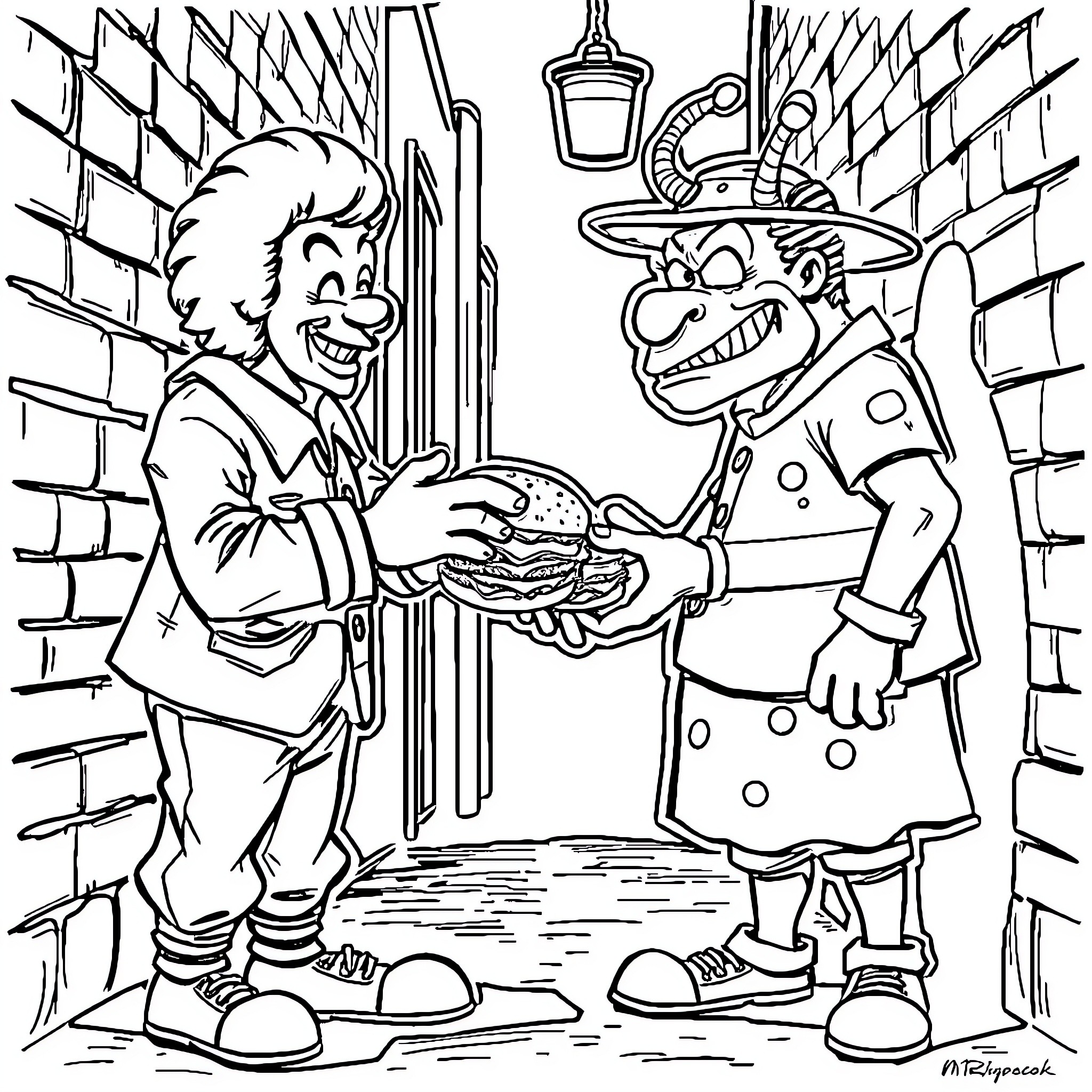 Ronald McDonald serving a hamburger to an eccentric clown Coloring Page (free black-and-white line drawing printable PDF for all, from beginners to advanced learners, including children, teens, adults, and seniors)