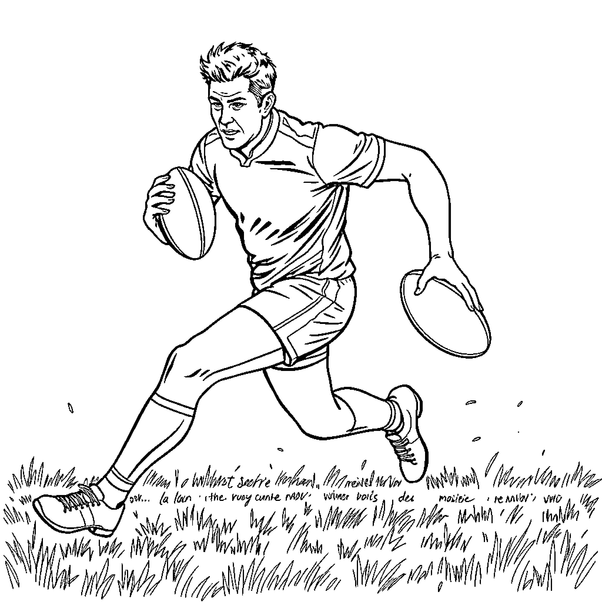 Rugby Player in Motion on Grassy Field Coloring Page (free black-and-white line drawing printable PDF for all, from beginners to advanced learners, including children, teens, adults, and seniors)