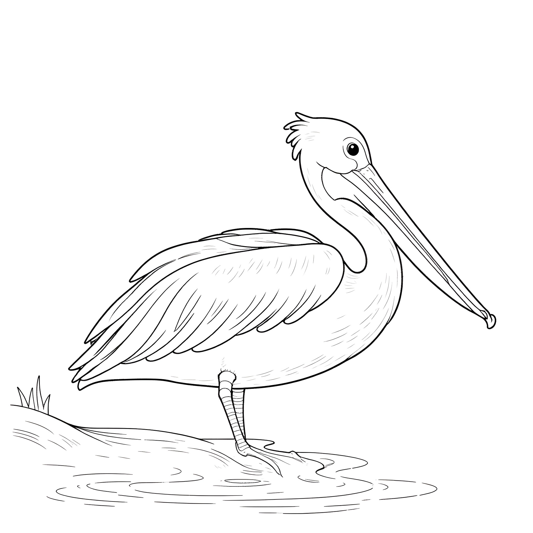Pelican standing on the water's edge Coloring Page (free black-and-white line drawing printable PDF for all, from beginners to advanced learners, including children, teens, adults, and seniors)