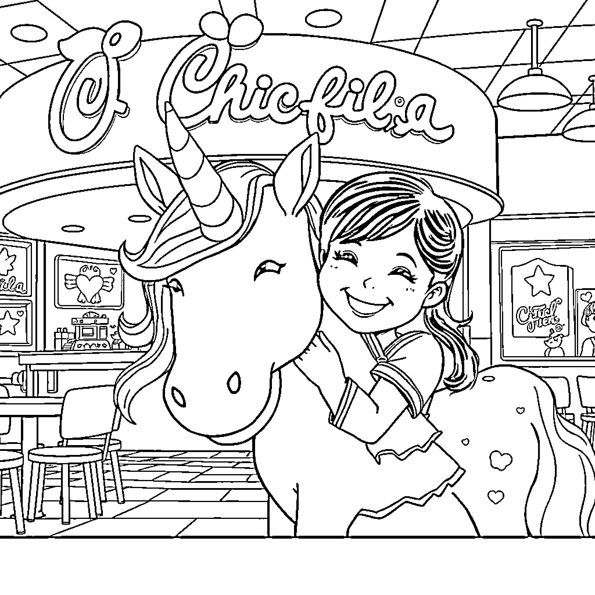 Girl happily hugging unicorn in colorful cafe Coloring Page (free black-and-white line drawing printable PDF for all, from beginners to advanced learners, including children, teens, adults, and seniors)
