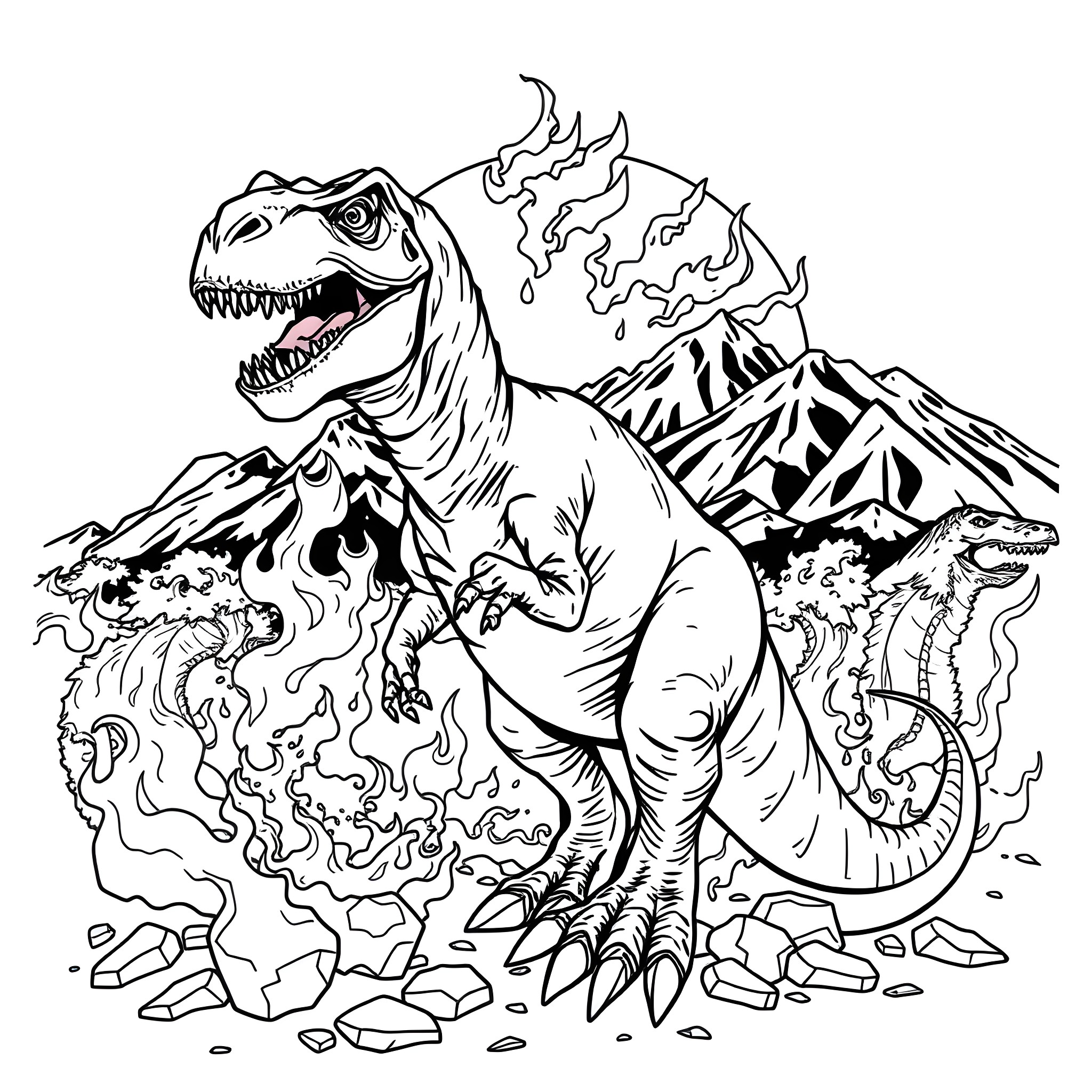 Dinosaur unleashing fiery breath in a rocky landscape Coloring Page (free black-and-white line drawing printable PDF for all, from beginners to advanced learners, including children, teens, adults, and seniors)