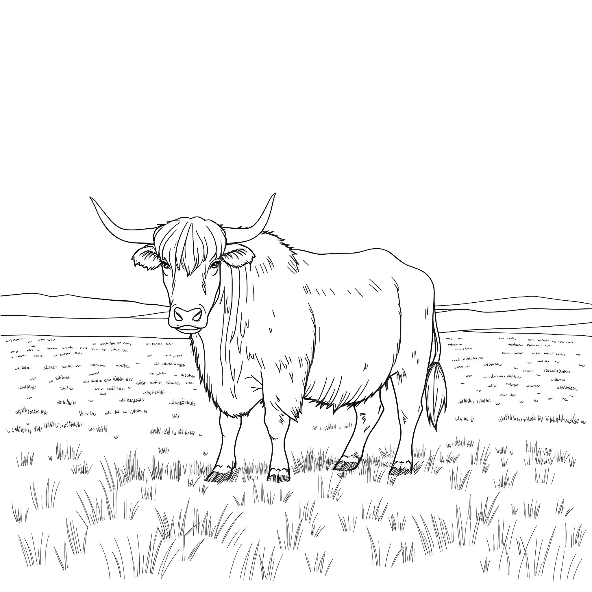 Yak standing calmly in a grassy field Coloring Page (free black-and-white line drawing printable PDF for all, from beginners to advanced learners, including children, teens, adults, and seniors)