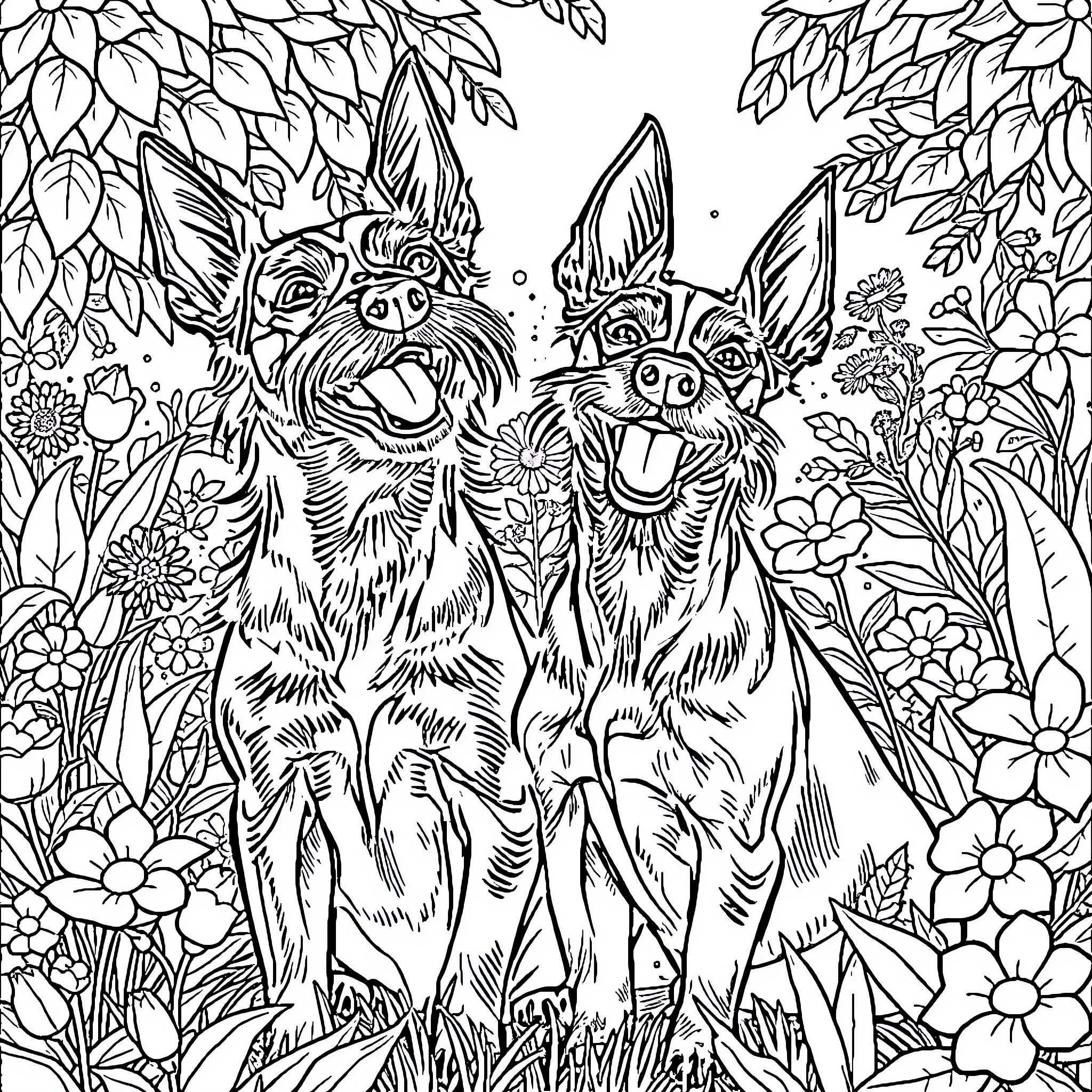 Pinscher Dogs Frolicking in Floral Garden Coloring Page (free black-and-white line drawing printable PDF for all, from beginners to advanced learners, including children, teens, adults, and seniors)