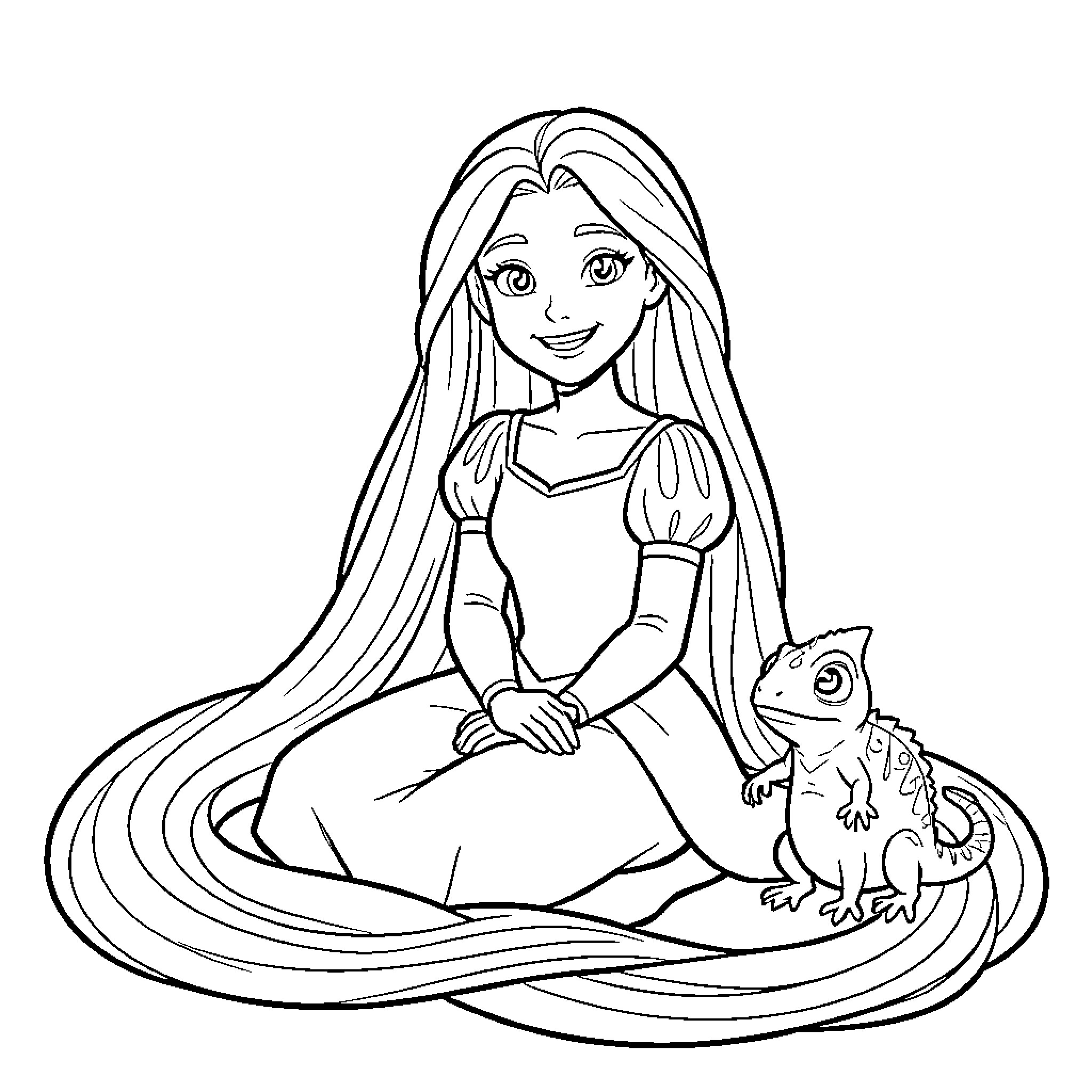 Rapunzel smiling sitting next to her pet chameleon Coloring Page (free black-and-white line drawing printable PDF for all, from beginners to advanced learners, including children, teens, adults, and seniors)