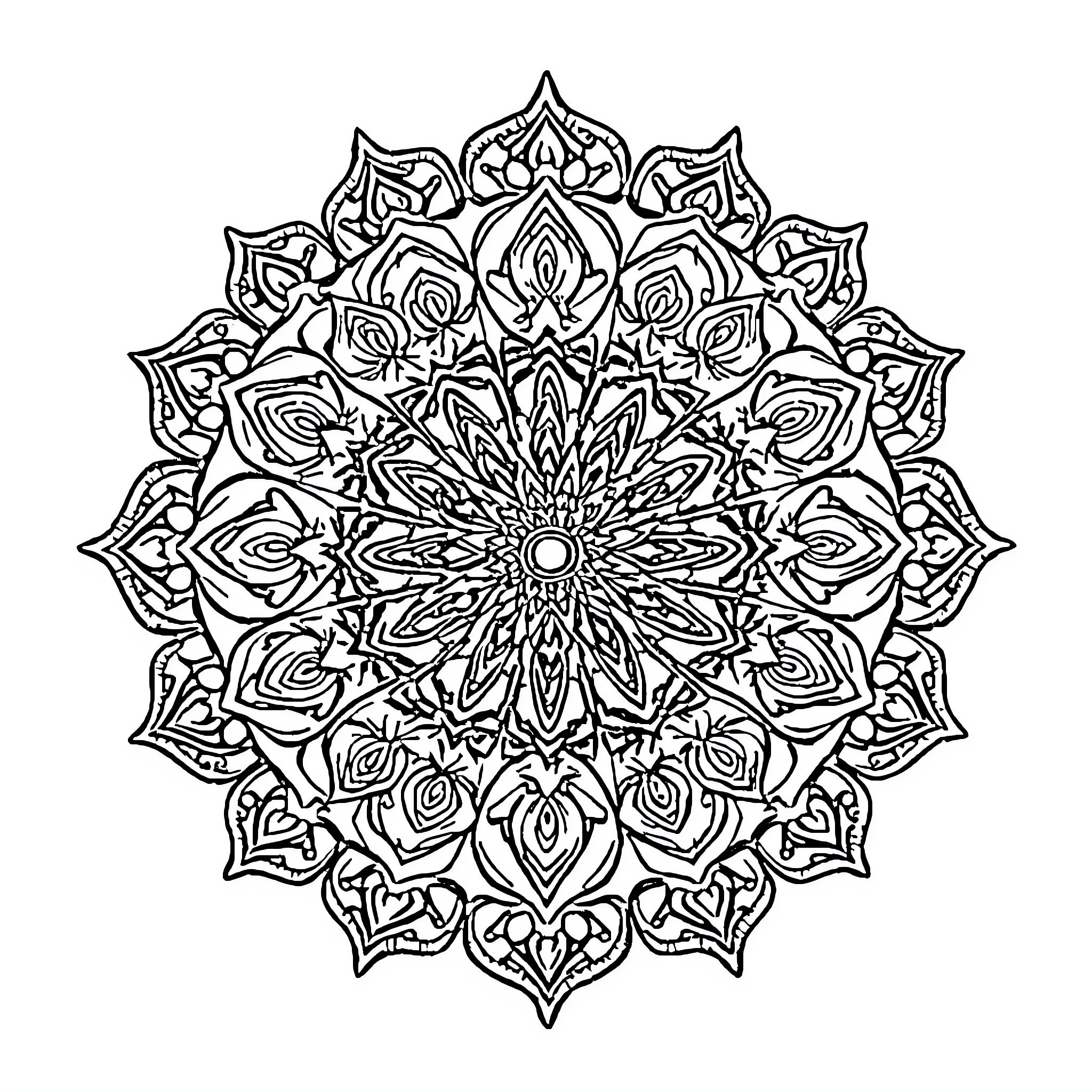 Mandalas of intricate floral patterns Coloring Page (free black-and-white line drawing printable PDF for all, from beginners to advanced learners, including children, teens, adults, and seniors)