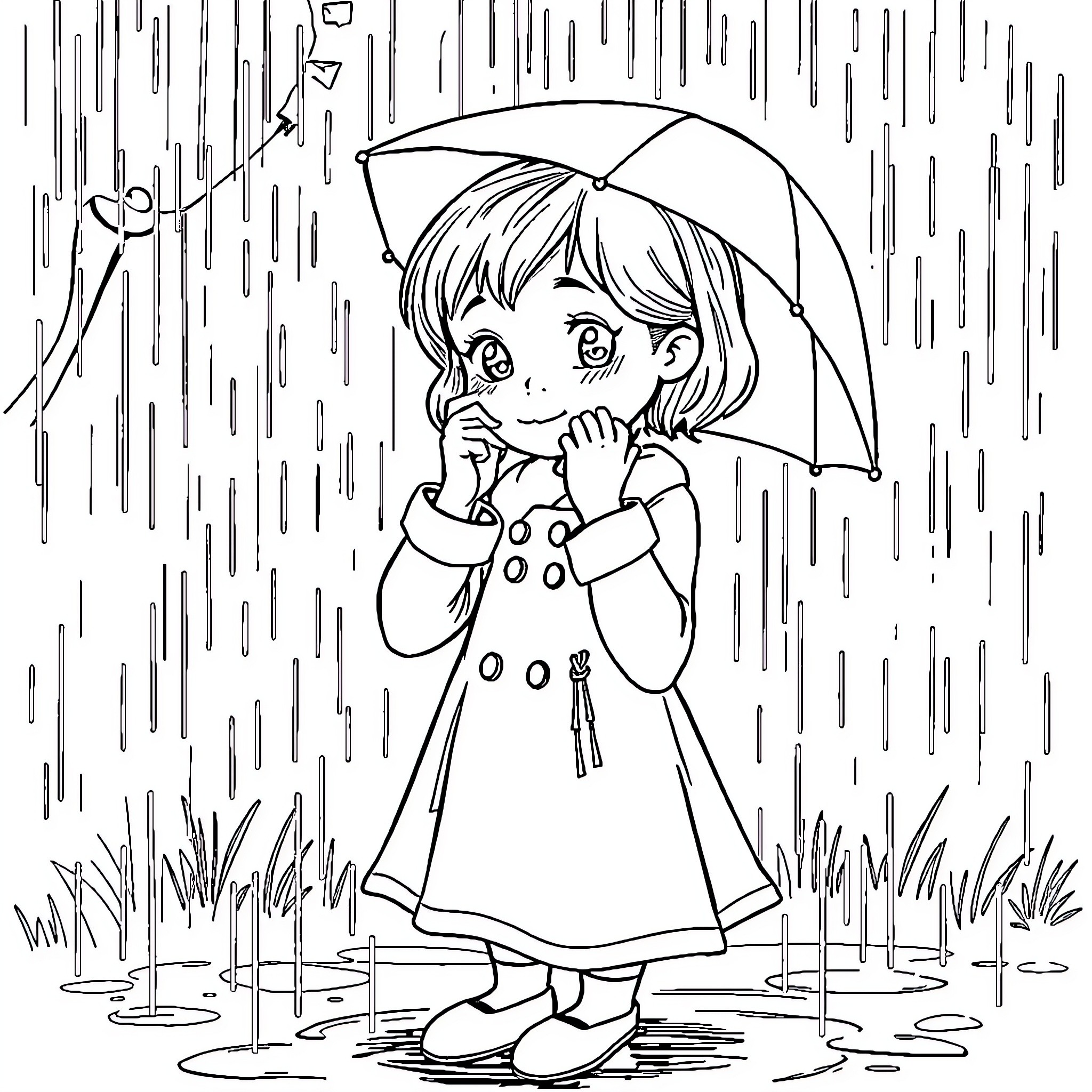 Sophie's Rainy Day Stroll Coloring Page (free black-and-white line drawing printable PDF for all, from beginners to advanced learners, including children, teens, adults, and seniors)