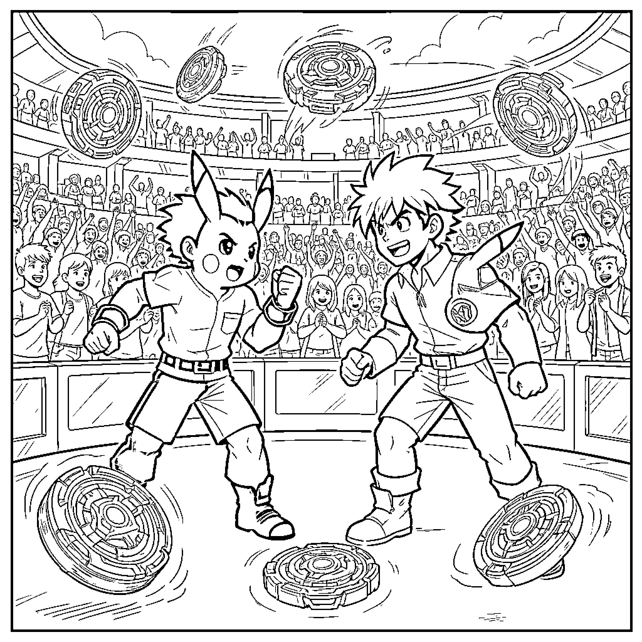 Beast Boy and friend compete in an action-packed stadium Coloring Page (free black-and-white line drawing printable PDF for all, from beginners to advanced learners, including children, teens, adults, and seniors)