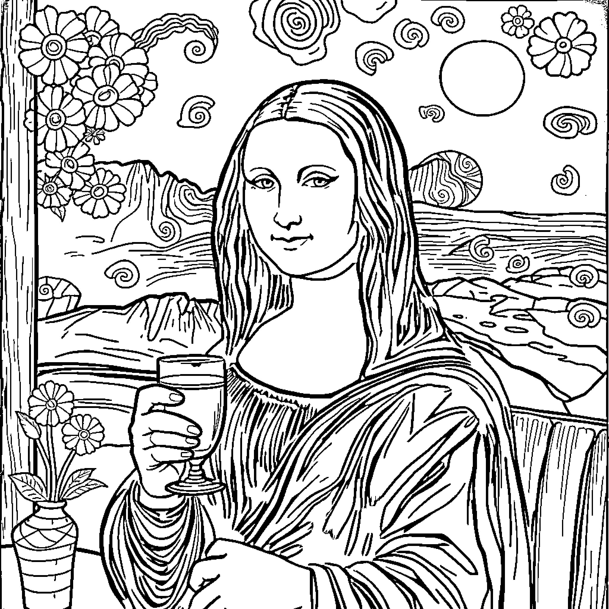 Mona Lisa in a Whimsical Landscape Coloring Page (free black-and-white line drawing printable PDF for all, from beginners to advanced learners, including children, teens, adults, and seniors)