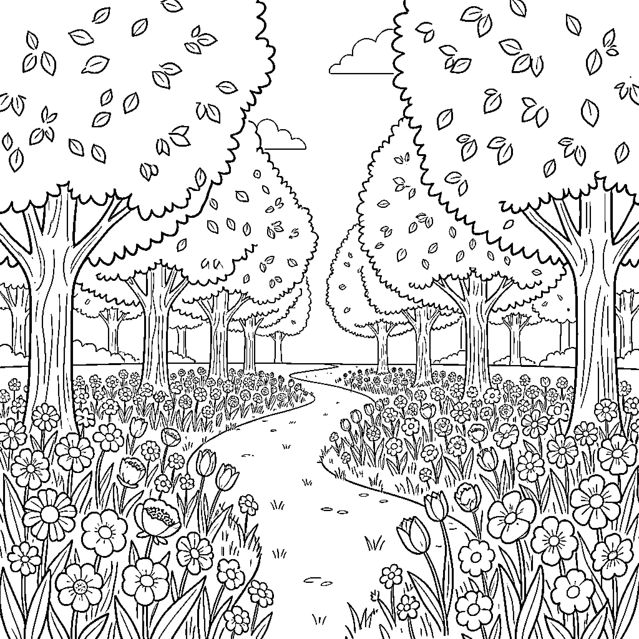Germany: Tranquil Landscape with Blooming Flowers and Trees Coloring Page (free black-and-white line drawing printable PDF for all, from beginners to advanced learners, including children, teens, adults, and seniors)