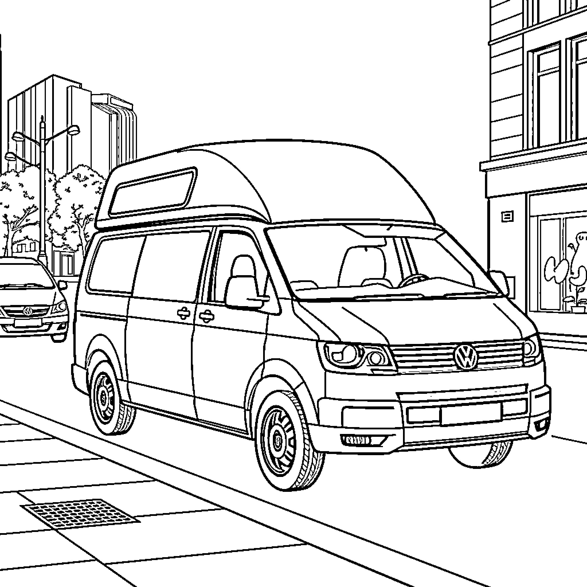 Volkswagen van parked on city street Coloring Page (free black-and-white line drawing printable PDF for all, from beginners to advanced learners, including children, teens, adults, and seniors)