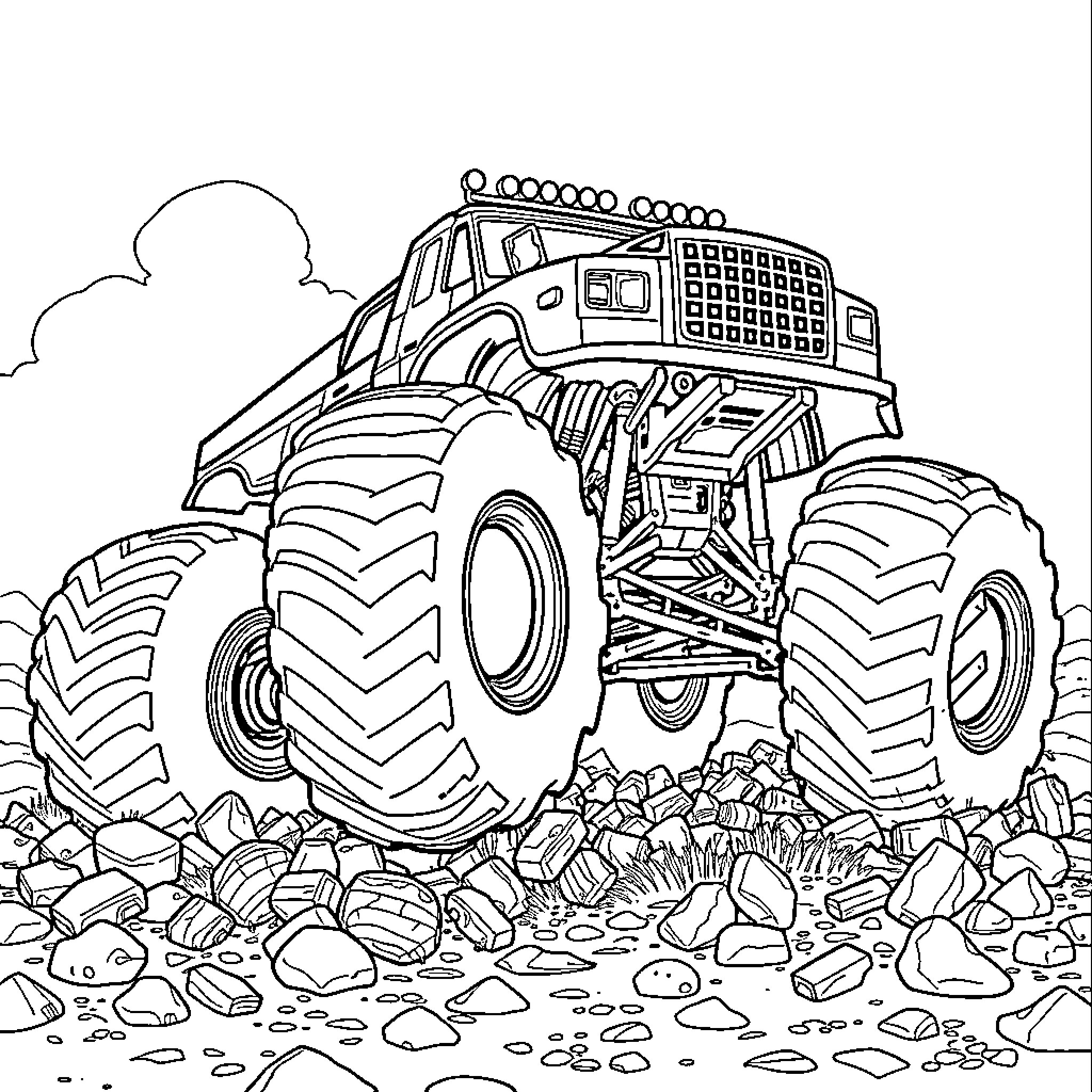 Monster Truck Crushing through Rugged Terrain Coloring Page (free black-and-white line drawing printable PDF for all, from beginners to advanced learners, including children, teens, adults, and seniors)
