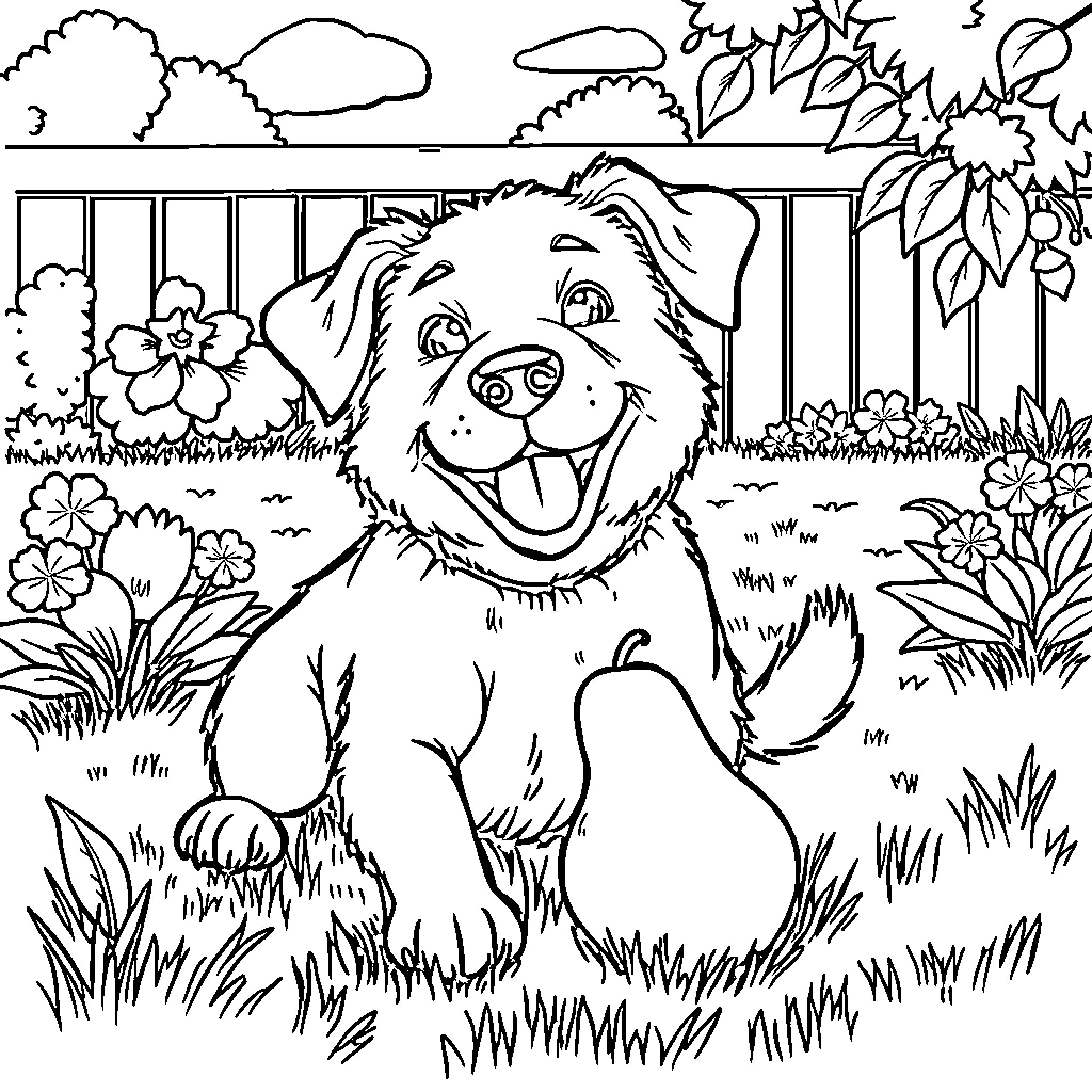 Dog enjoying nature in a garden Coloring Page (free black-and-white line drawing printable PDF for all, from beginners to advanced learners, including children, teens, adults, and seniors)