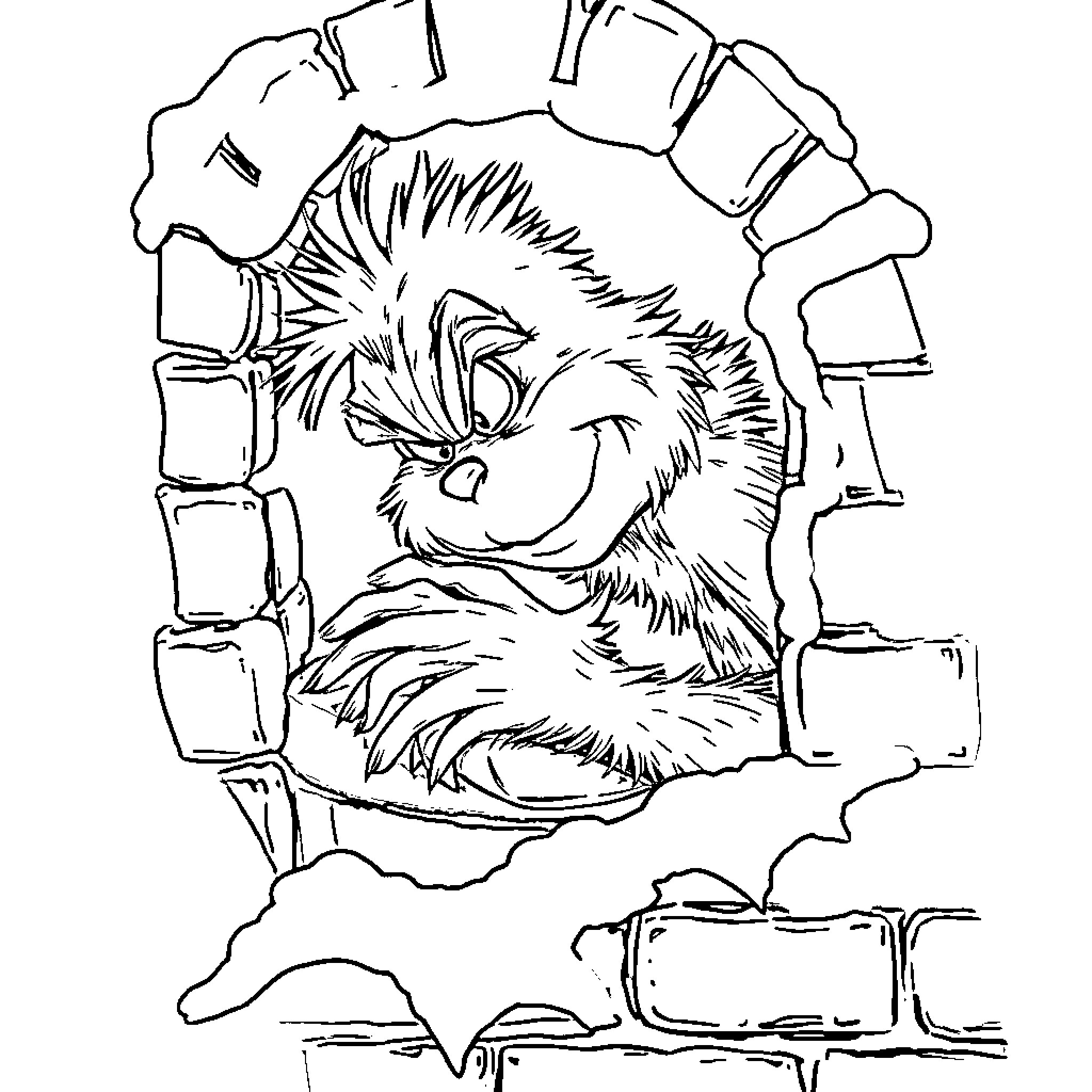 Grinch peeking out from cave with mischievous expression Coloring Page (free black-and-white line drawing printable PDF for all, from beginners to advanced learners, including children, teens, adults, and seniors)