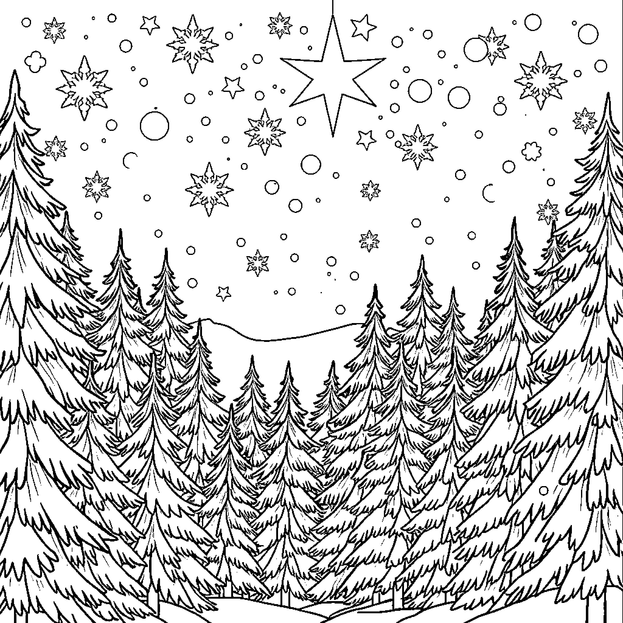 Snowflake Wonderland in the Snowy Forest Coloring Page (free black-and-white line drawing printable PDF for all, from beginners to advanced learners, including children, teens, adults, and seniors)