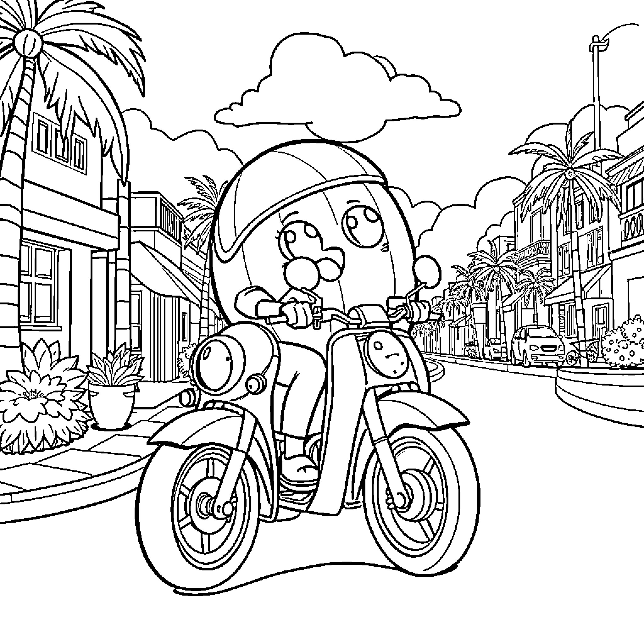 Cocomelon Cartoon Character on Scooter in Tropical Town Coloring Page (free black-and-white line drawing printable PDF for all, from beginners to advanced learners, including children, teens, adults, and seniors)