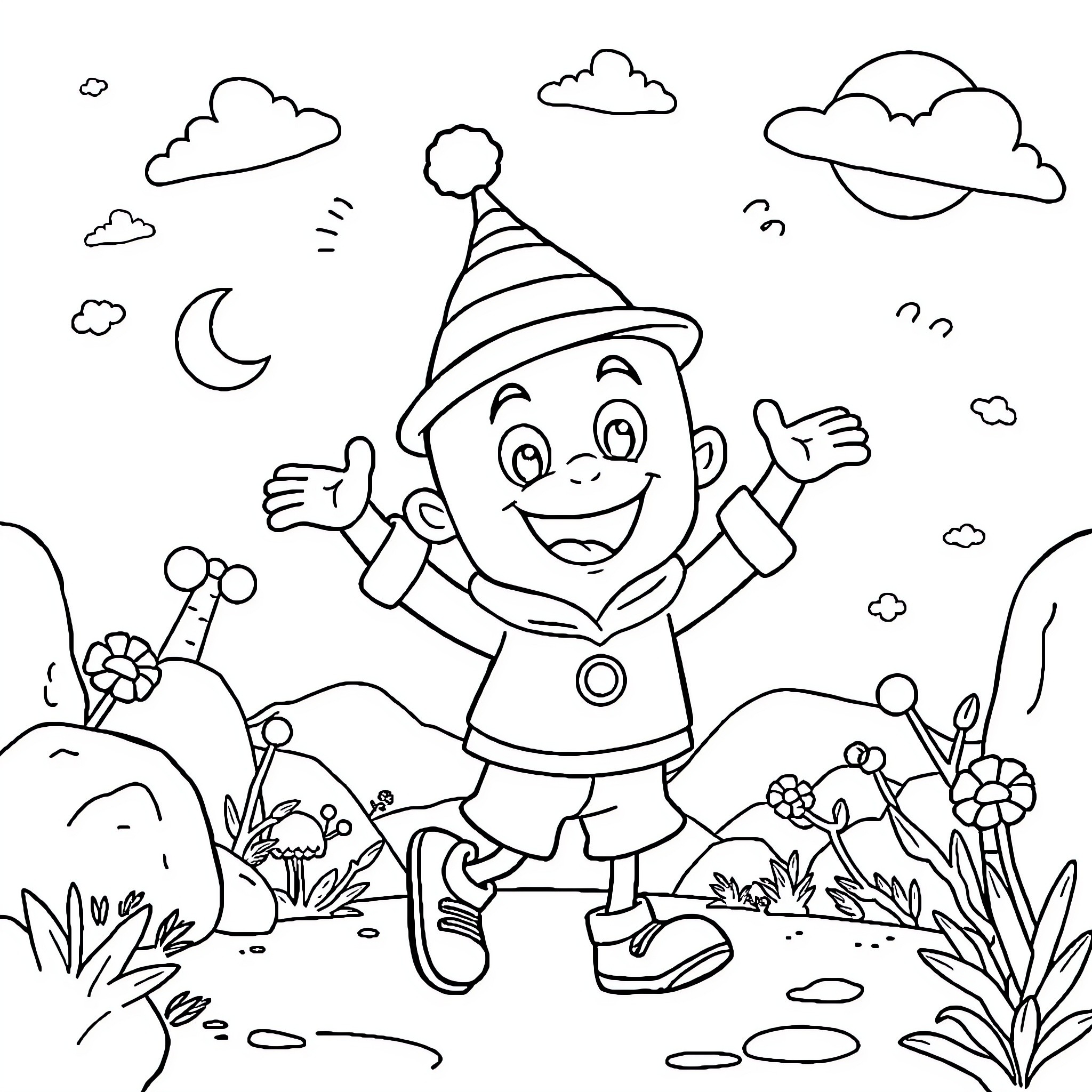 Blippi enjoying nature and the outdoors Coloring Page (free black-and-white line drawing printable PDF for all, from beginners to advanced learners, including children, teens, adults, and seniors)