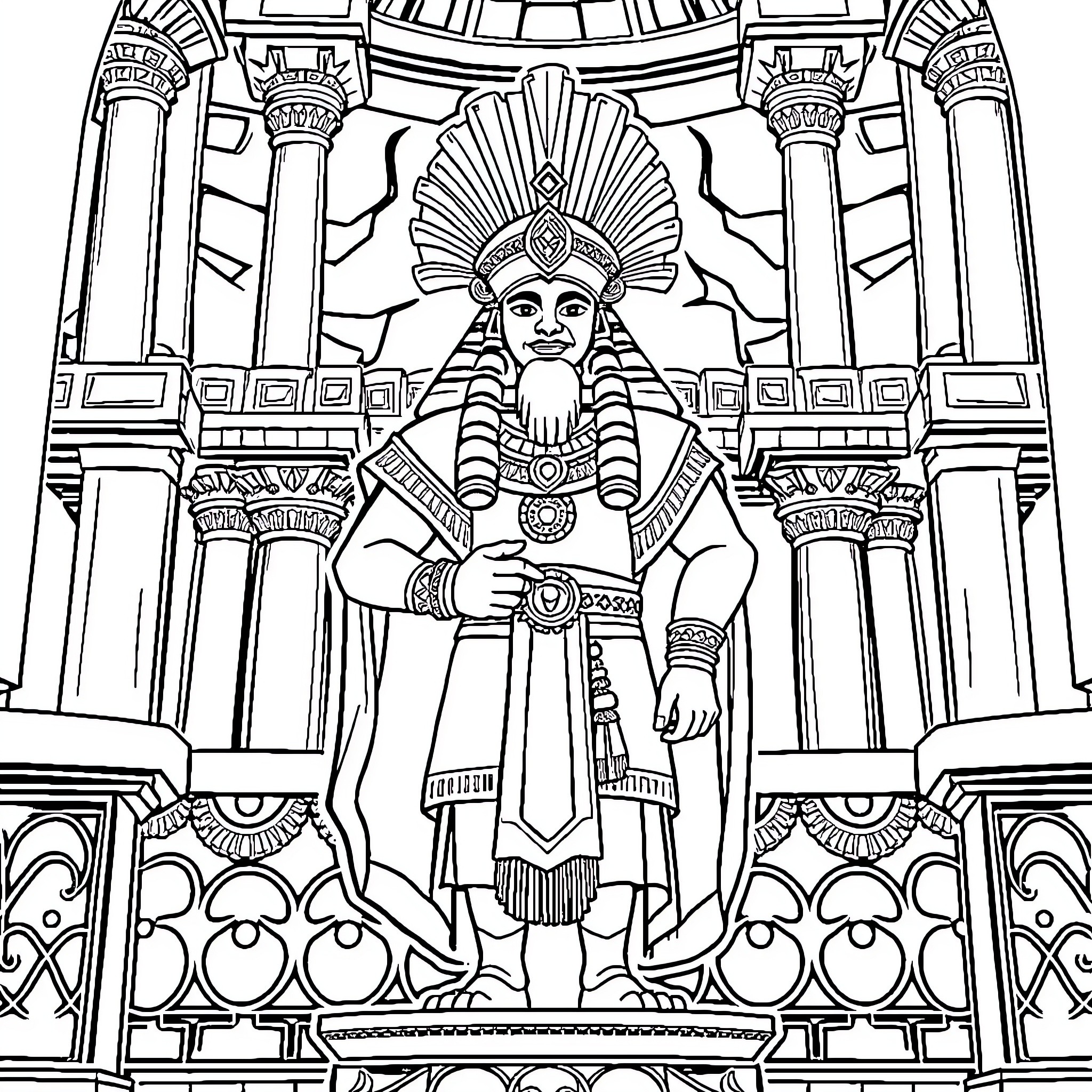 Kuzco in the Impressive Inca Palace Coloring Page (free black-and-white line drawing printable PDF for all, from beginners to advanced learners, including children, teens, adults, and seniors)