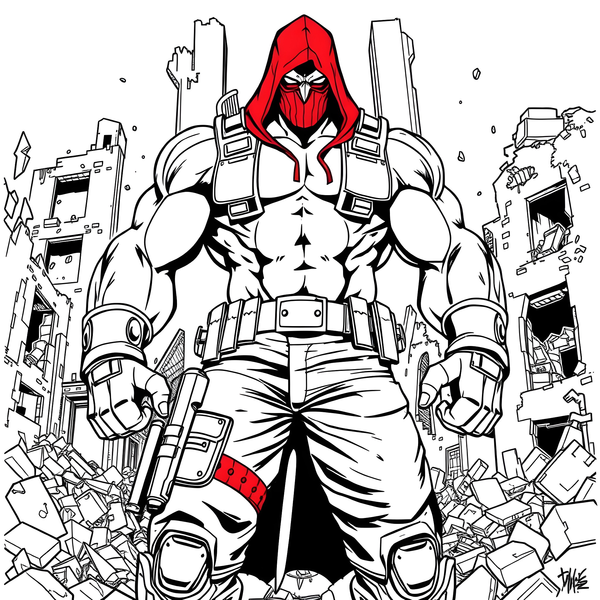 Bane wreaking havoc in the city Coloring Page (free black-and-white line drawing printable PDF for all, from beginners to advanced learners, including children, teens, adults, and seniors)