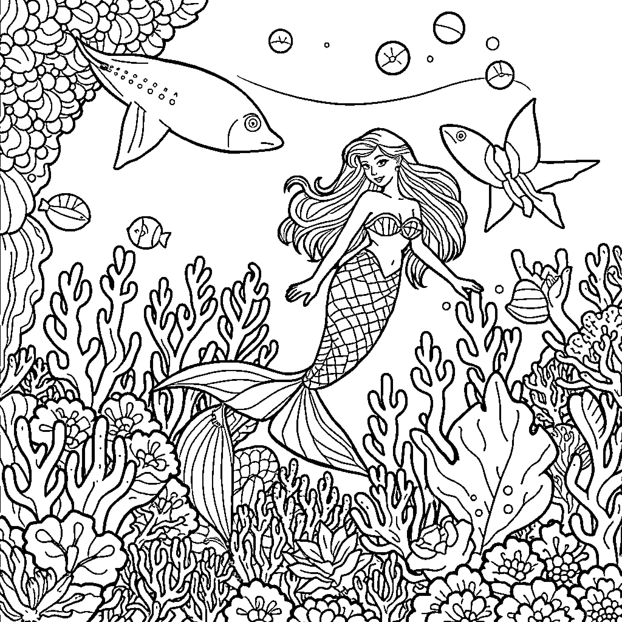 Mermaid Gracefully Swimming Amidst Vibrant Underwater Scenery Coloring Page (free black-and-white line drawing printable PDF for all, from beginners to advanced learners, including children, teens, adults, and seniors)