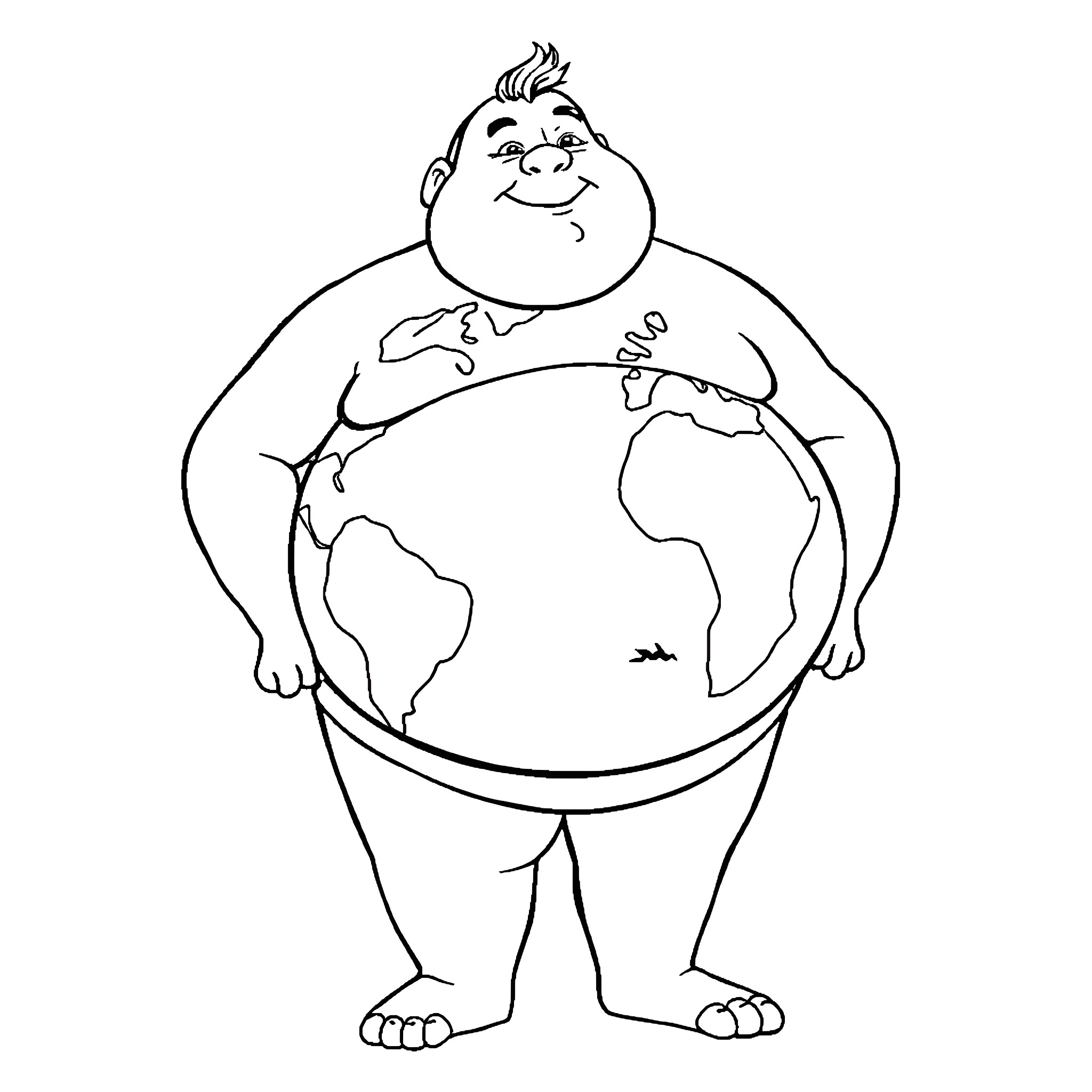 Guy standing confidently on top of the world Coloring Page (free black-and-white line drawing printable PDF for all, from beginners to advanced learners, including children, teens, adults, and seniors)