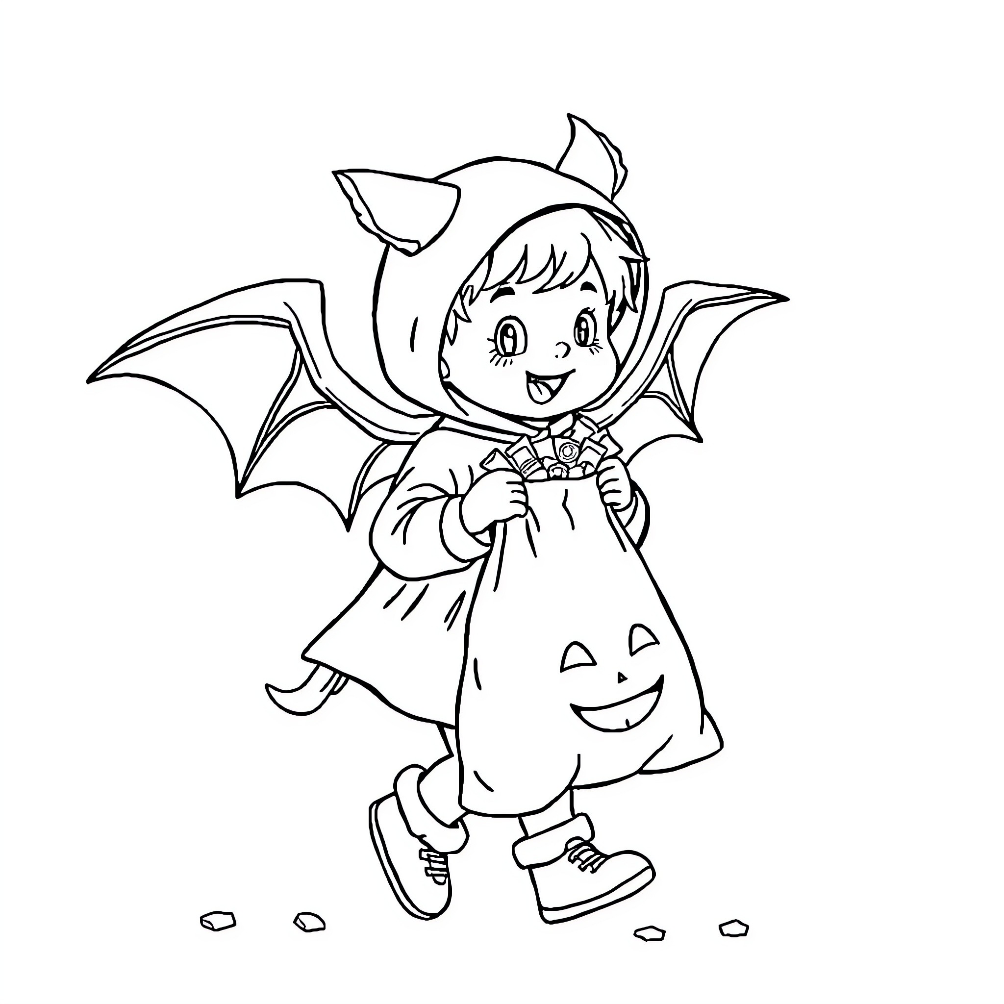 Bat-winged child with Halloween candy bag Coloring Page (free black-and-white line drawing printable PDF for all, from beginners to advanced learners, including children, teens, adults, and seniors)
