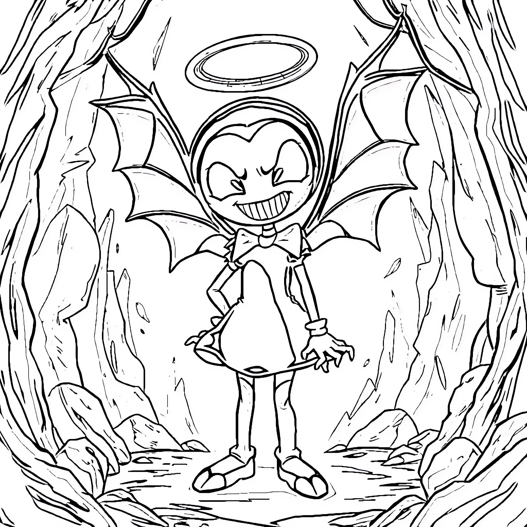 Alice the Mischievous Demon Girl in the Dark Forest Coloring Page (free black-and-white line drawing printable PDF for all, from beginners to advanced learners, including children, teens, adults, and seniors)