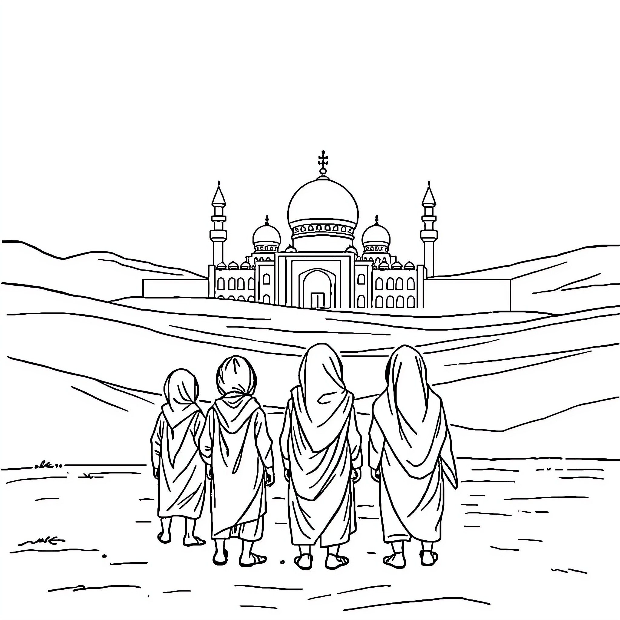 Enfant visiting a majestic mosque with family Coloring Page (free black-and-white line drawing printable PDF for all, from beginners to advanced learners, including children, teens, adults, and seniors)