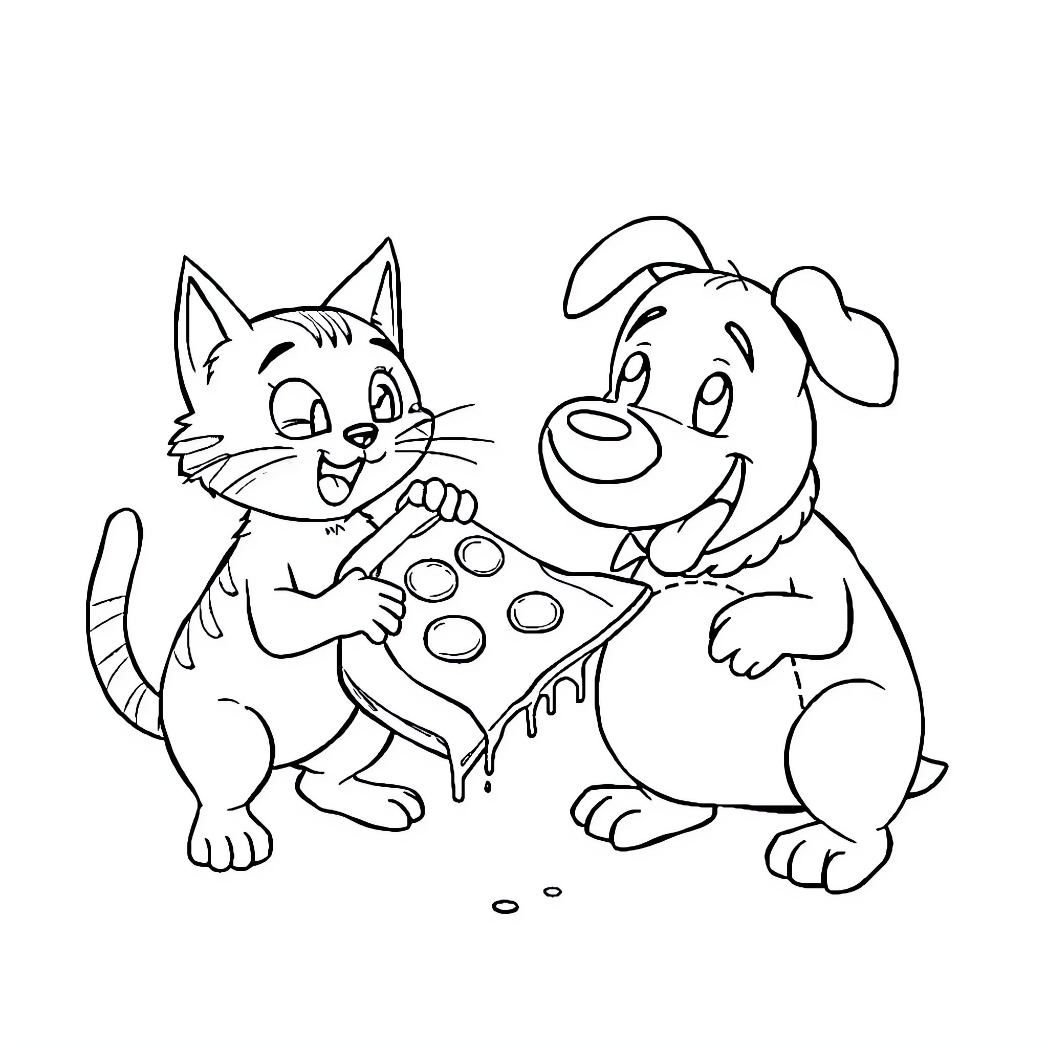 Cat and dog playing video games together Coloring Page (free black-and-white line drawing printable PDF for all, from beginners to advanced learners, including children, teens, adults, and seniors)