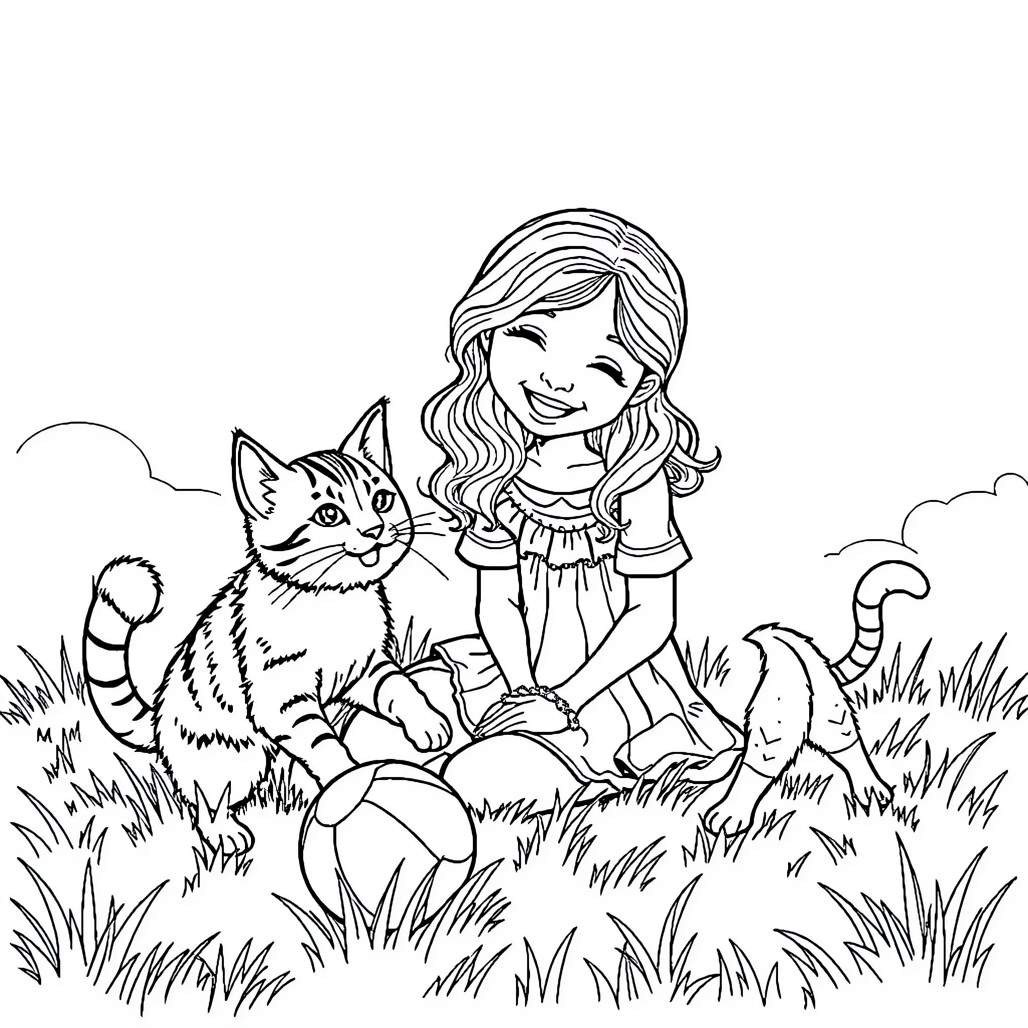 Cat and Girl Enjoying the Outdoors Coloring Page (free black-and-white line drawing printable PDF for all, from beginners to advanced learners, including children, teens, adults, and seniors)