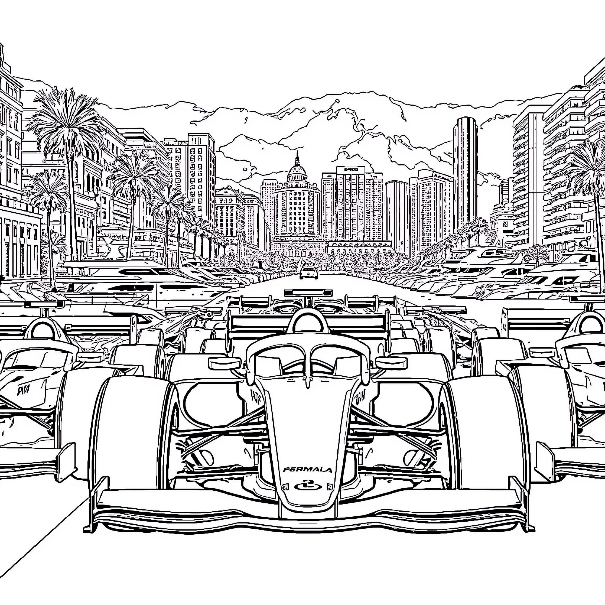 Formula 1 Racers Navigating Cityscape Coloring Page (free black-and-white line drawing printable PDF for all, from beginners to advanced learners, including children, teens, adults, and seniors)